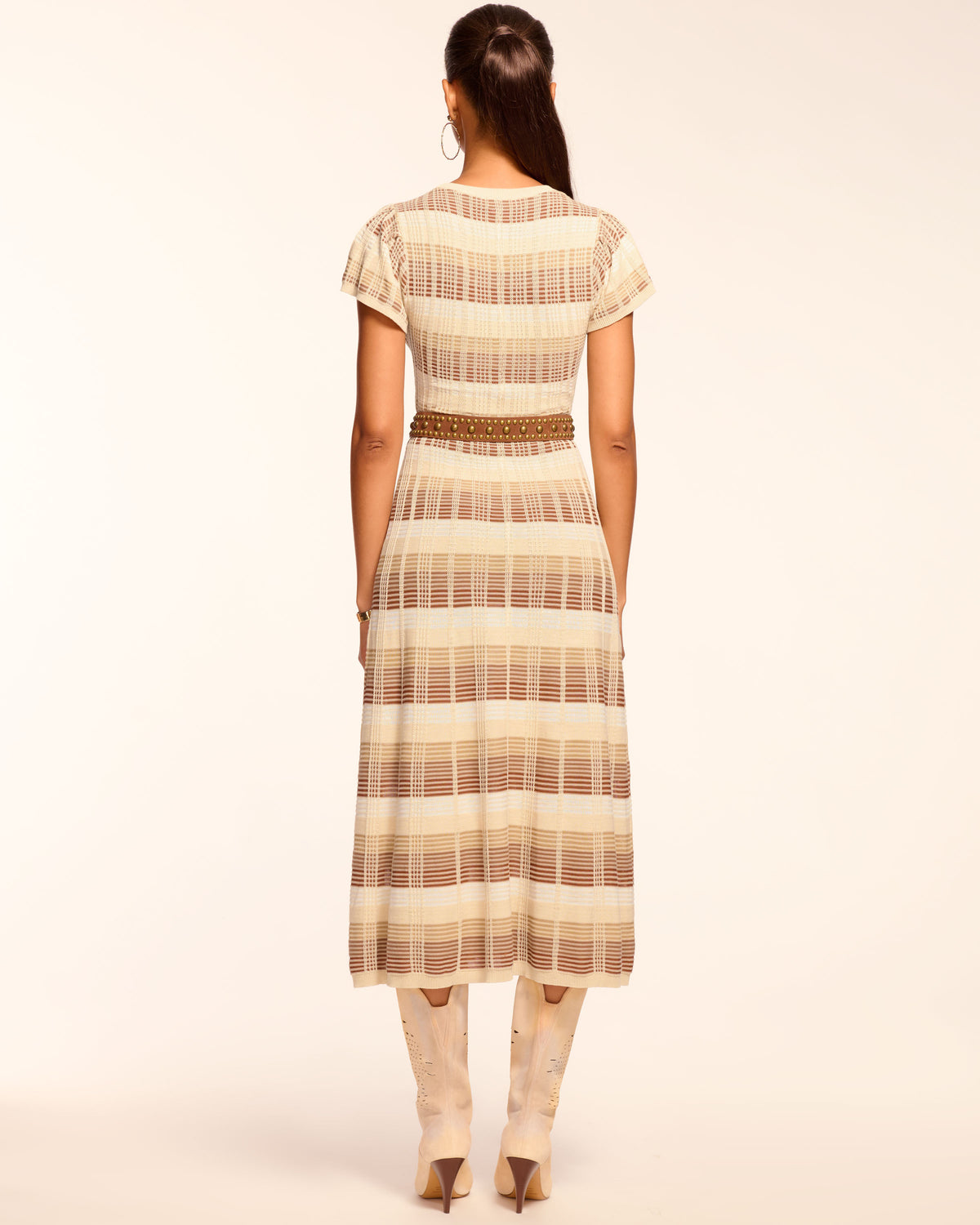 Rachel Plaid Knit Flutter Sleeve Midi Dress in bone plaid | Ramy Brook