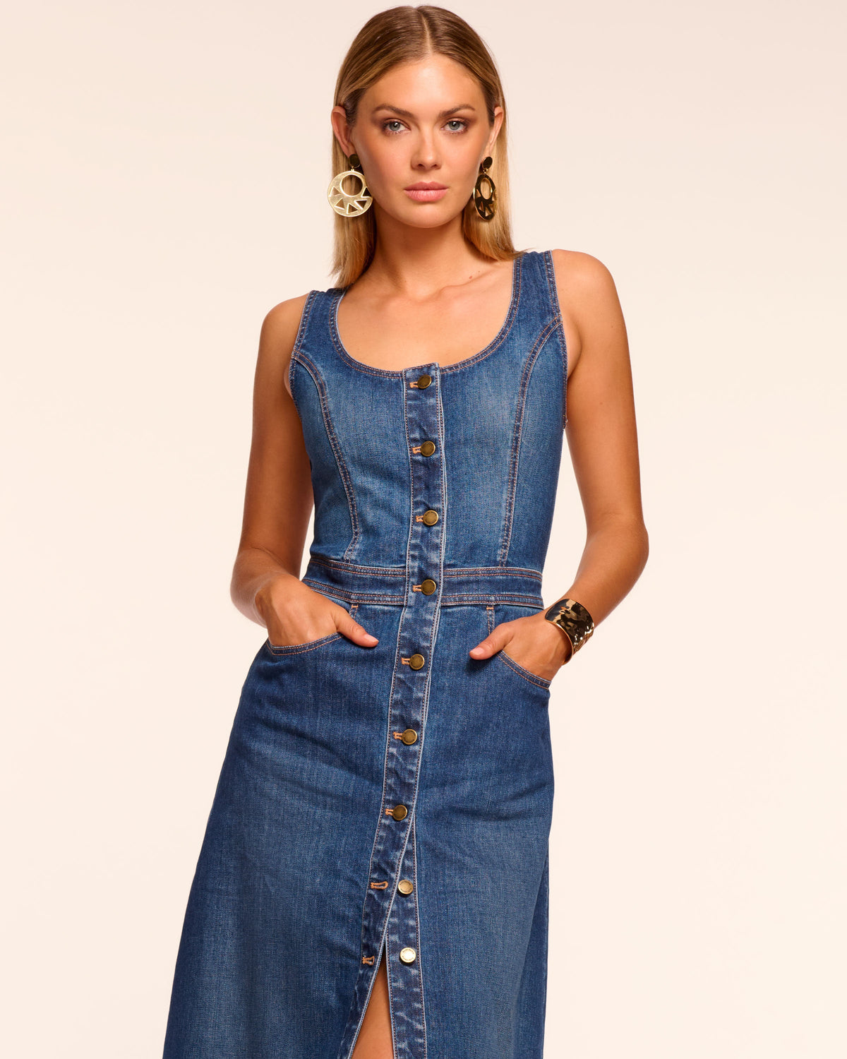 Madeleine Sleeveless Denim Maxi Dress in medium wash | Ramy Brook