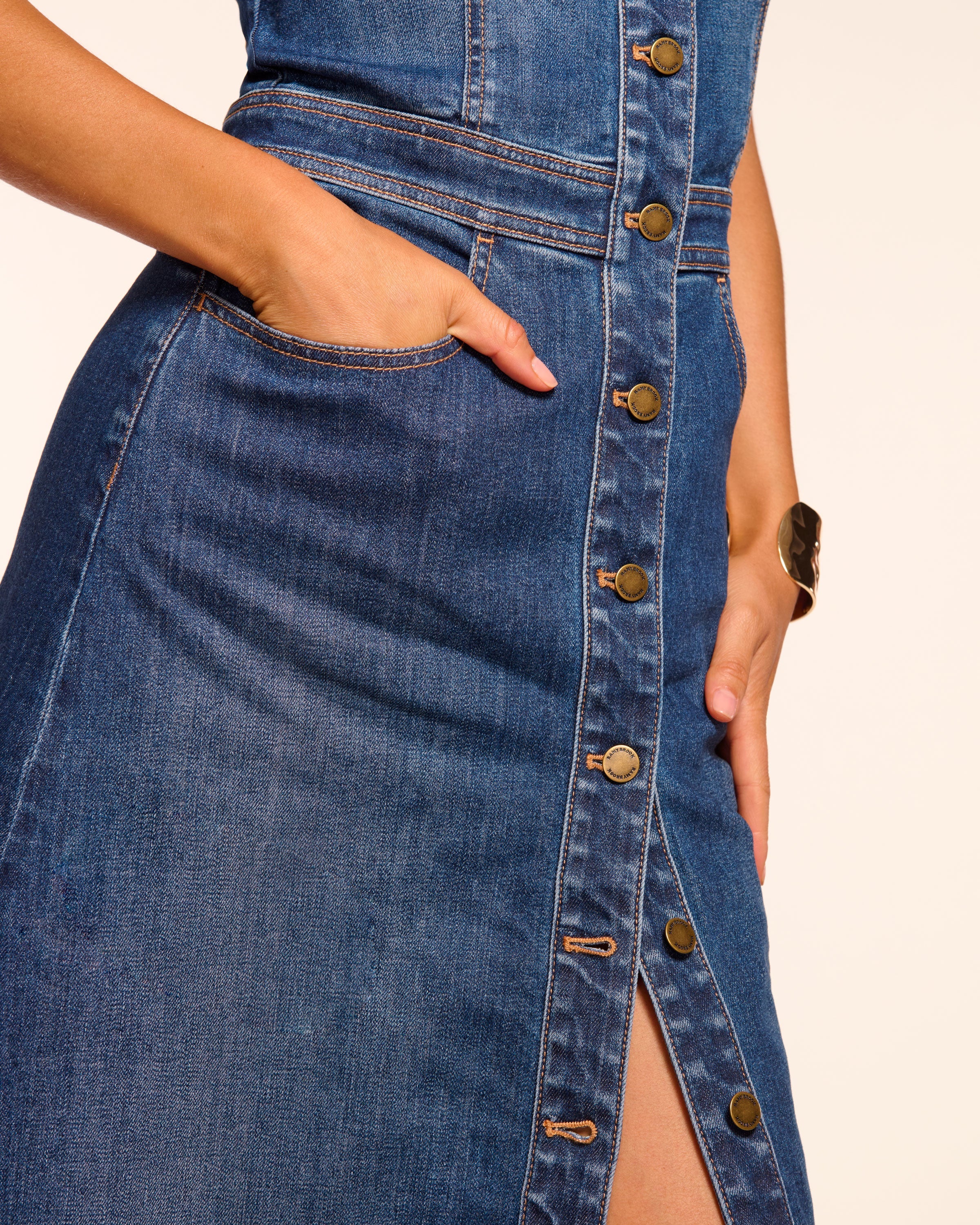 Madeleine Sleeveless Denim Maxi Dress in medium wash | Ramy Brook