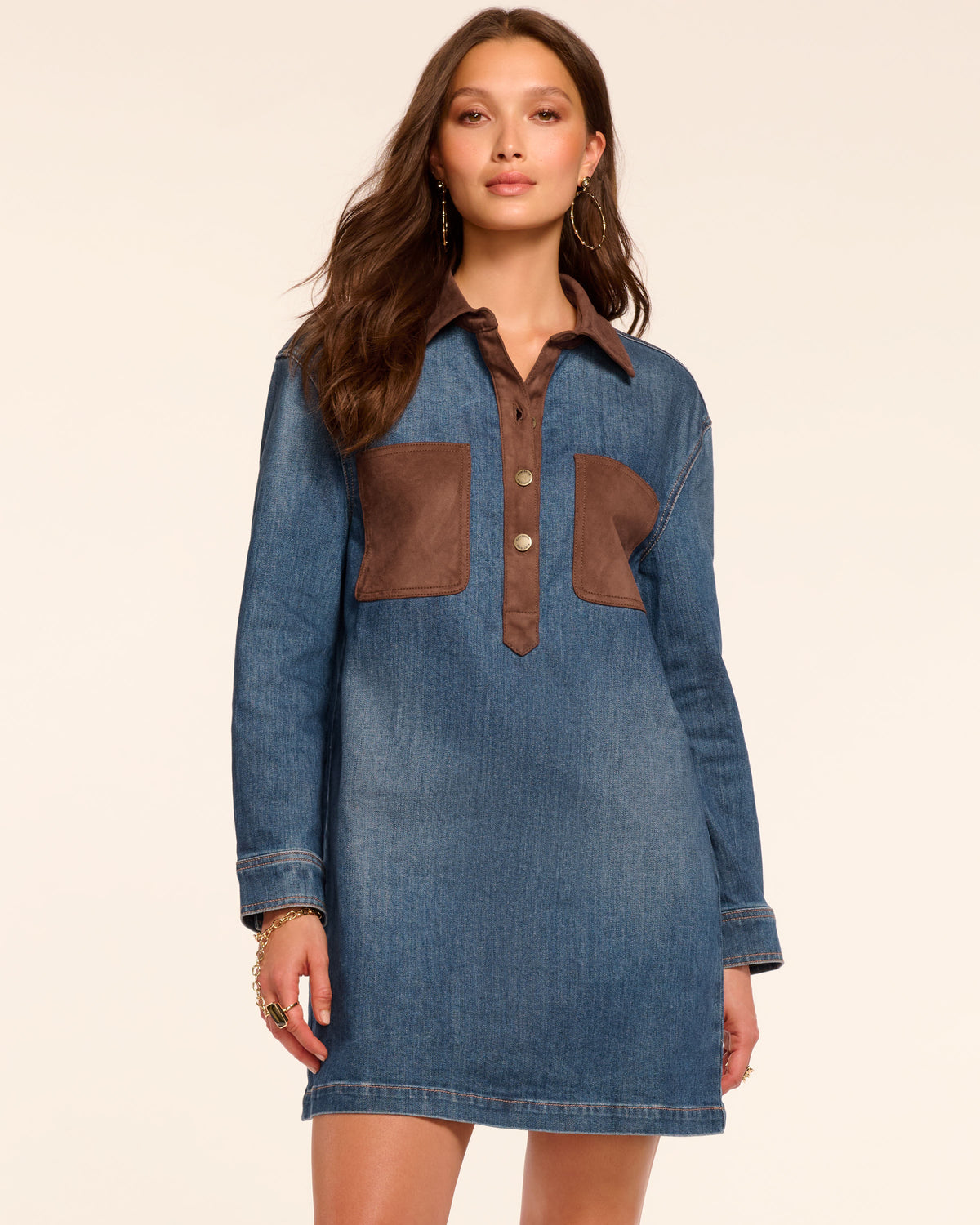 Winnifred Faux Suede Trim Denim Mini Dress in medium wash | Ramy Brook