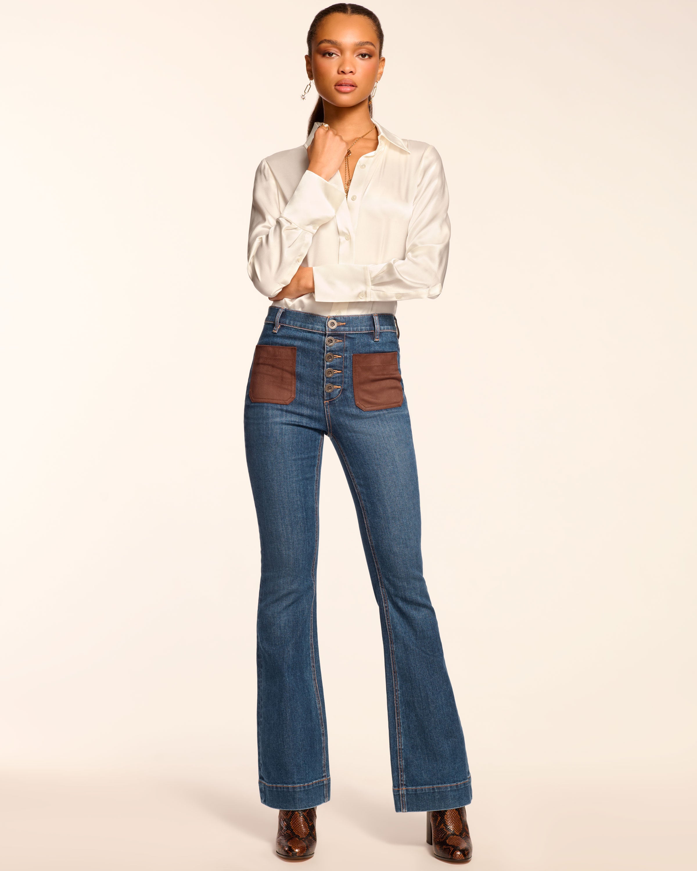 Cindy Faux Suede Trim Flare Jean in medium wash | Ramy Brook
