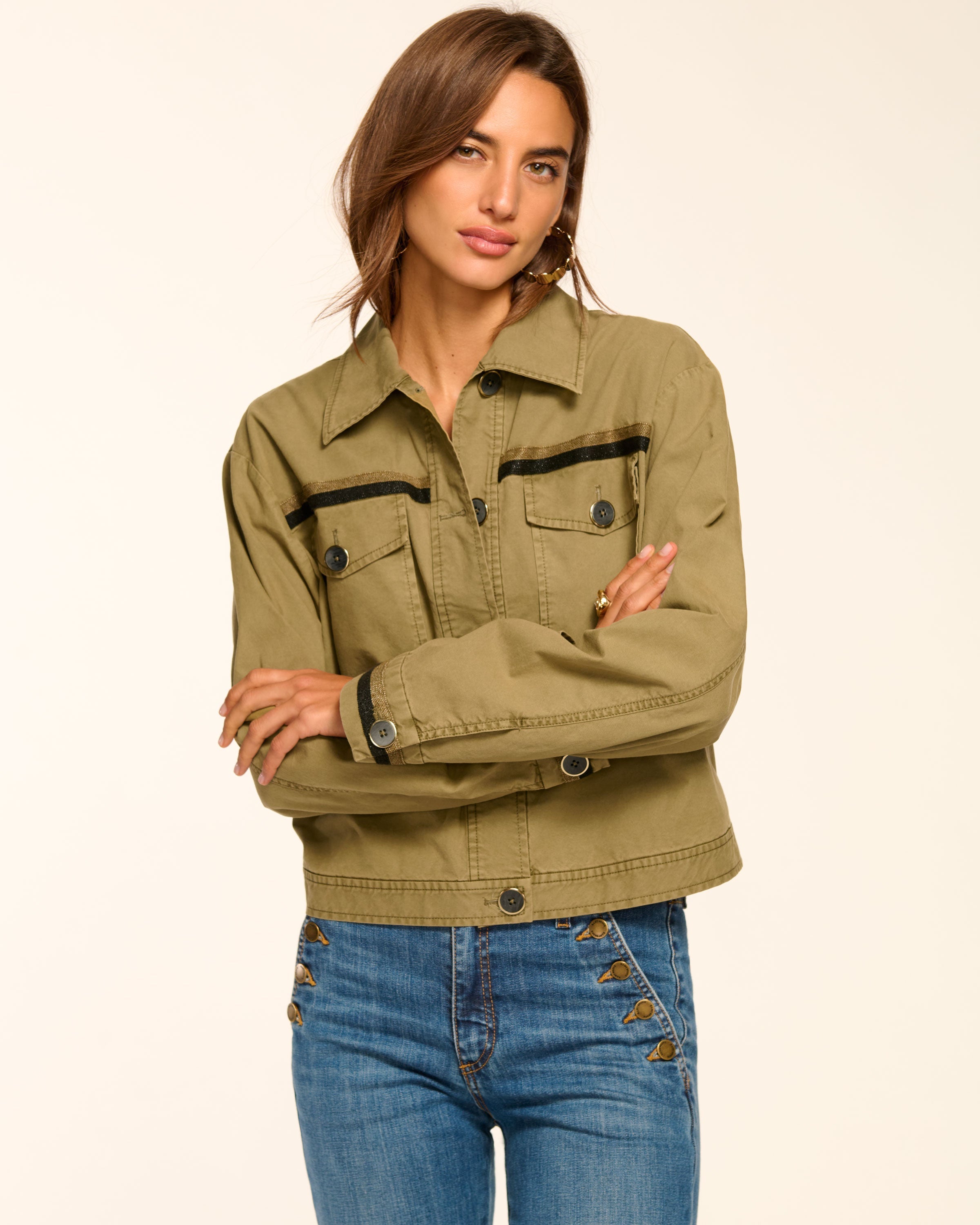 Nikola Canvas Button Down Jacket in safari green | Ramy Brook