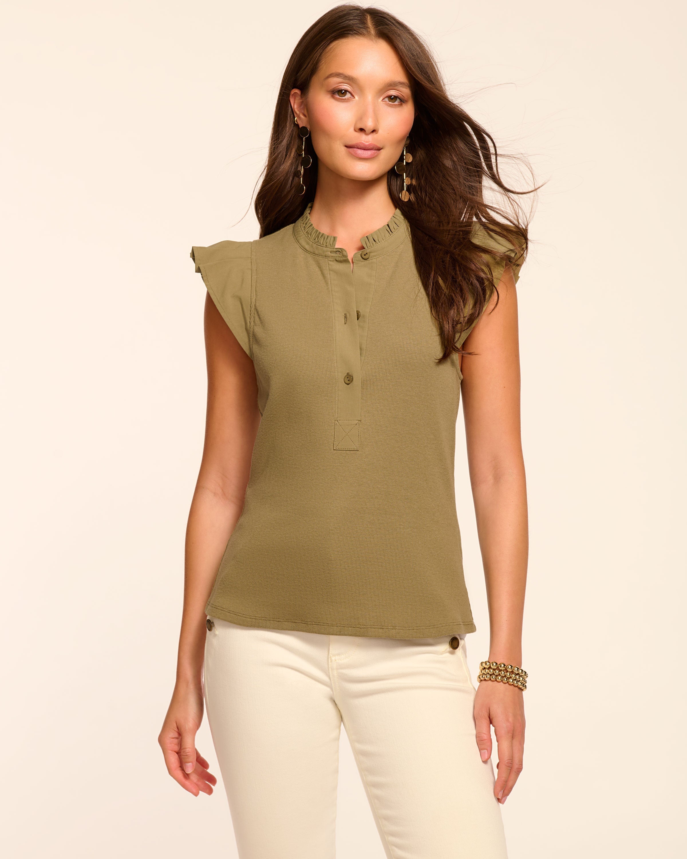 Monroe Cotton Knit Combo Flutter Sleeve Top in light loden | Ramy