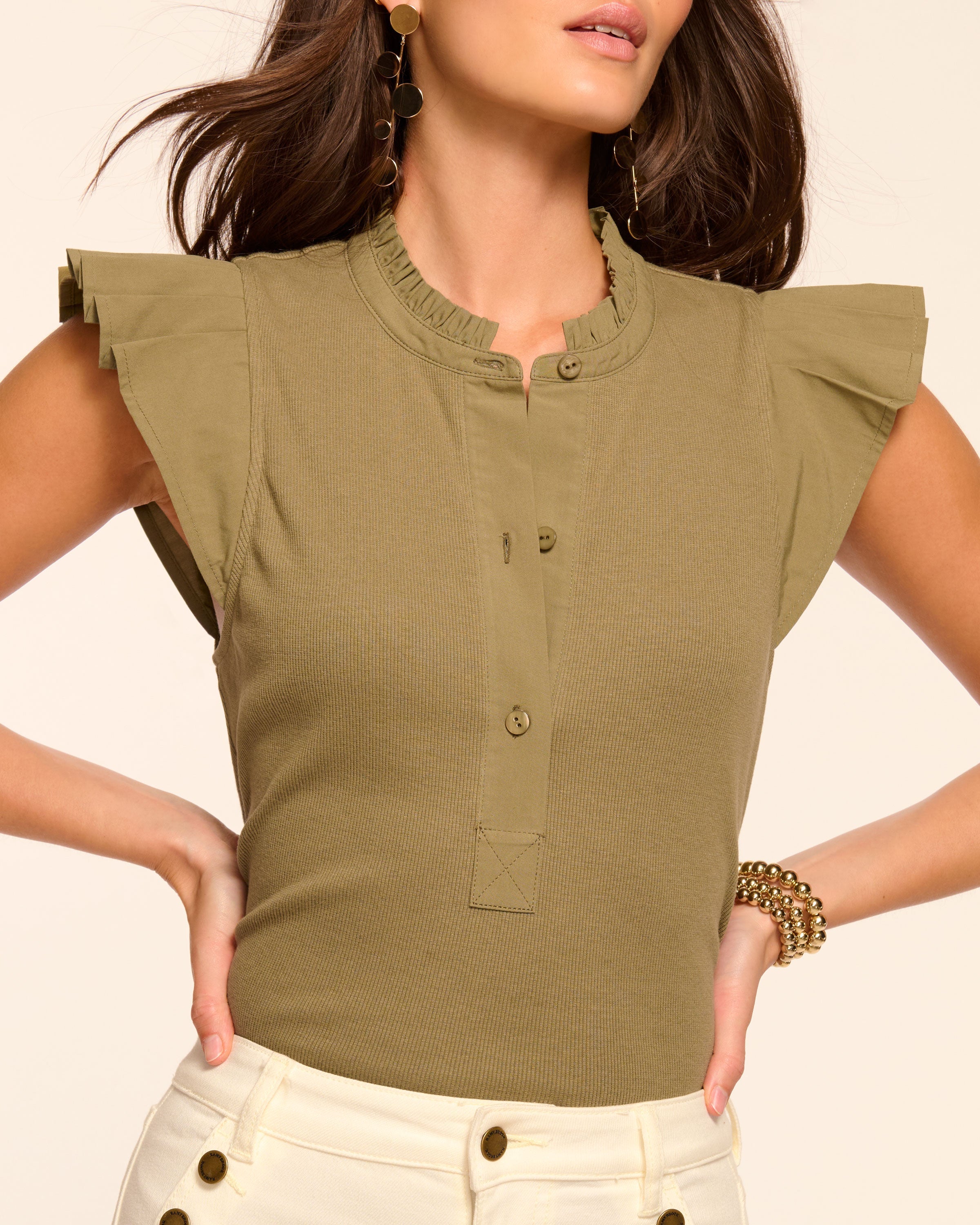 Monroe Cotton Knit Combo Flutter Sleeve Top in light loden | Ramy