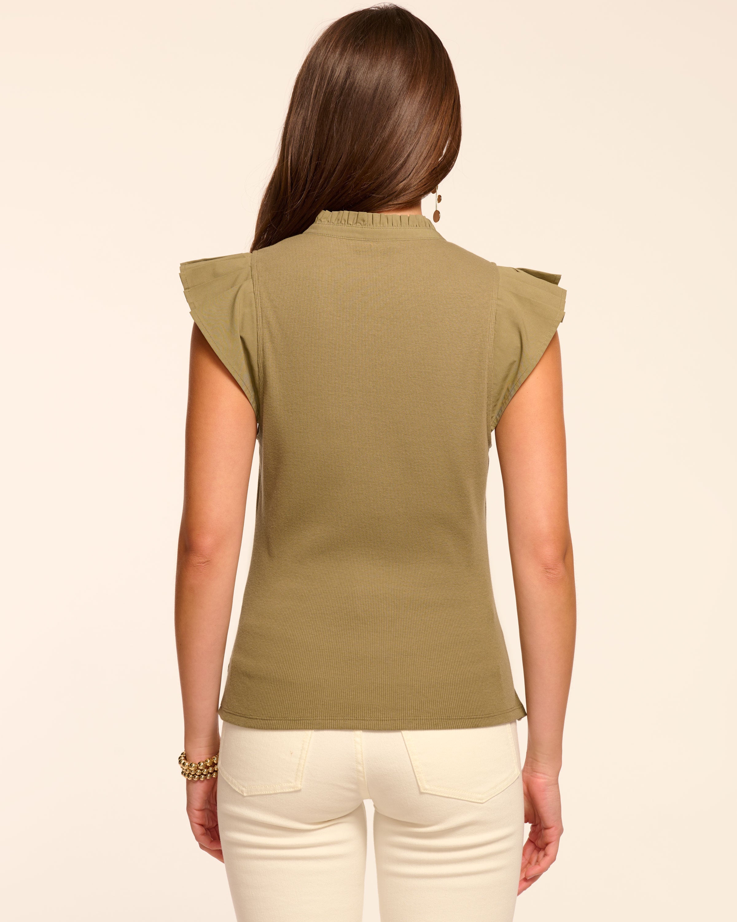 Monroe Cotton Knit Combo Flutter Sleeve Top in light loden | Ramy