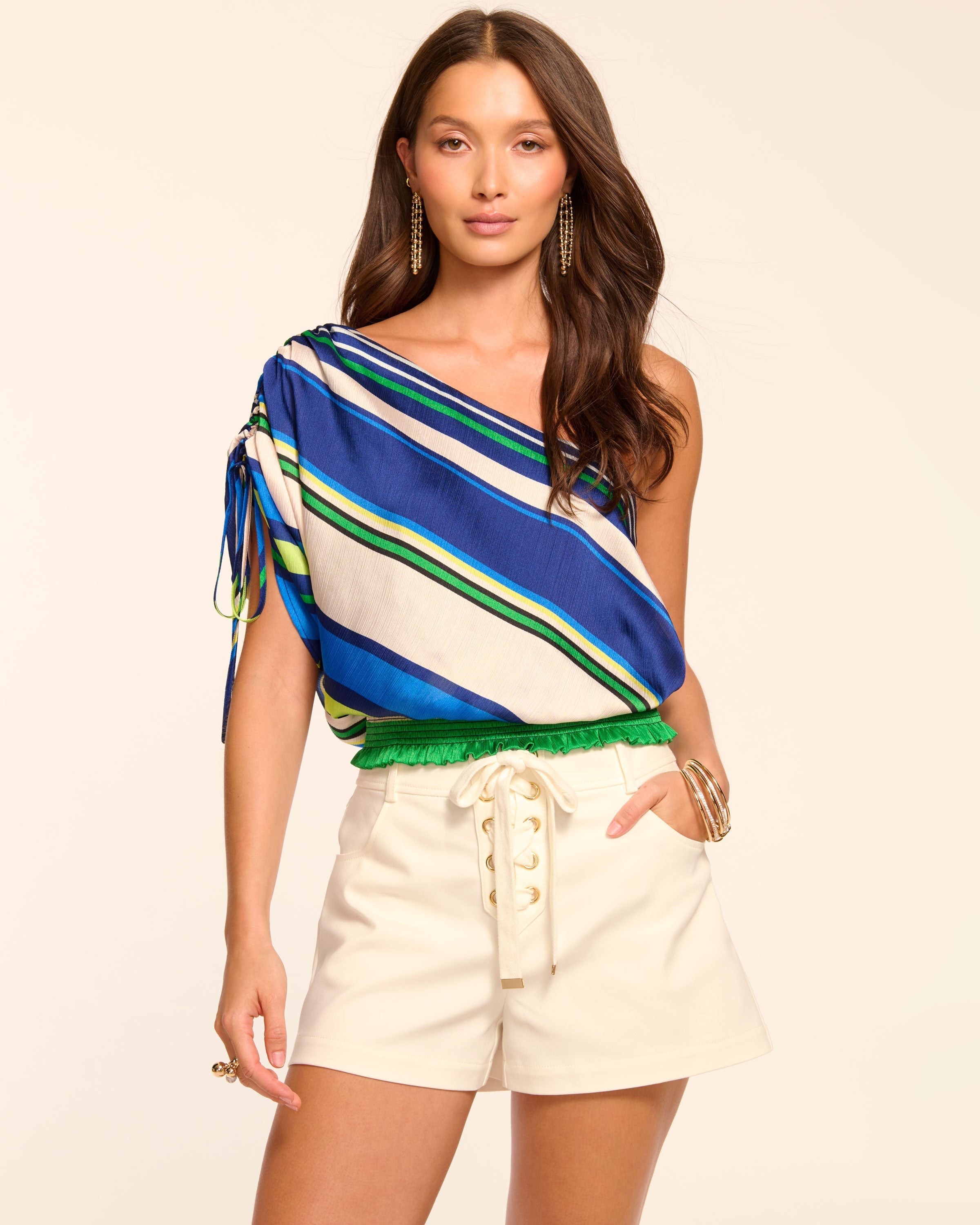Delara One-Shoulder Top in ultramarine stripe | Ramy Brook