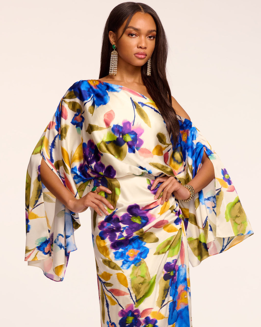 Noel Printed Silk Off-The-Shoulder Maxi Dress in ivory floral