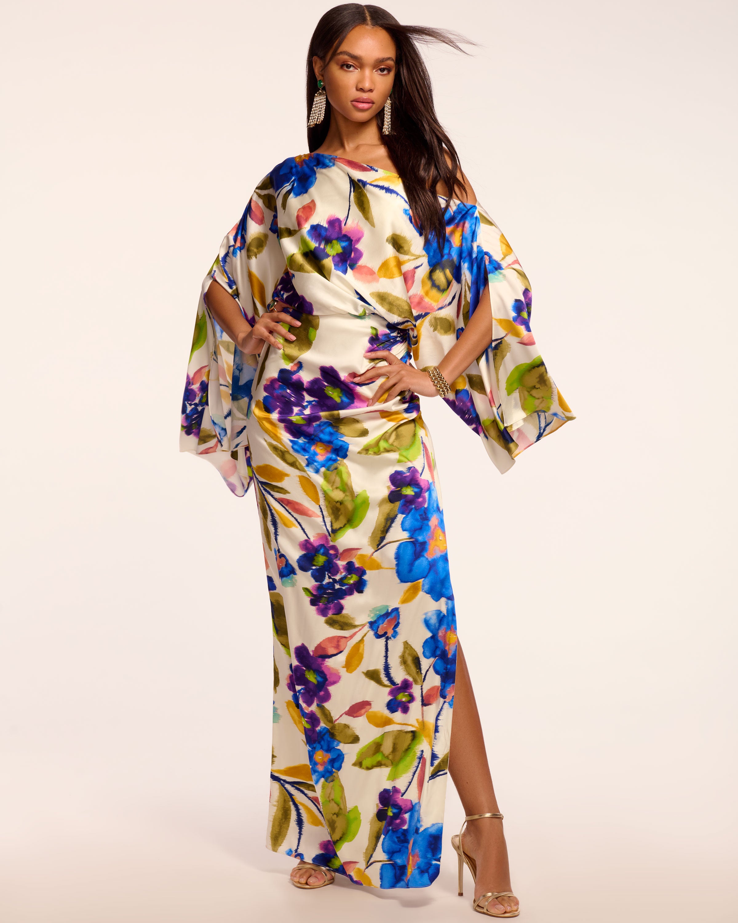 Noel Printed Silk Off-The-Shoulder Maxi Dress in ivory floral
