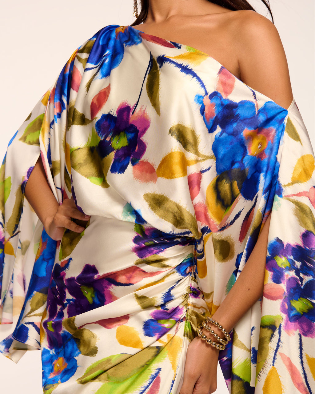 Noel Printed Silk Off-The-Shoulder Maxi Dress in ivory floral