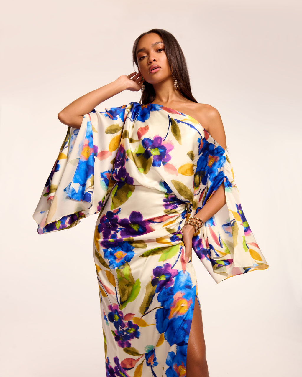 chinese dress ladies Noel Printed Silk Off-The-Shoulder Maxi Dress in ivory floral