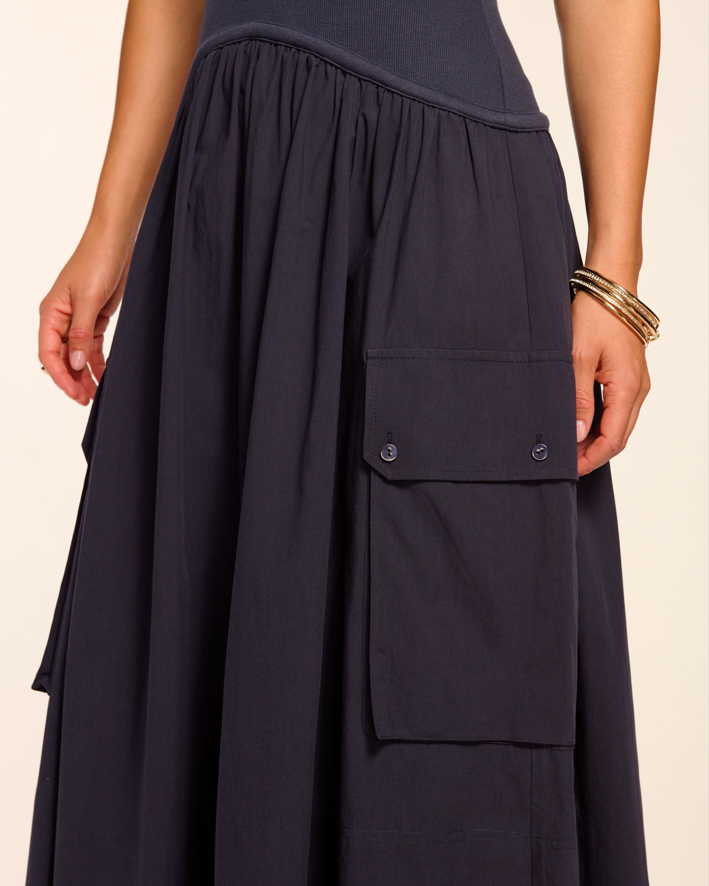 Simonne Cotton Knit Combo Halter Maxi Dress in navy