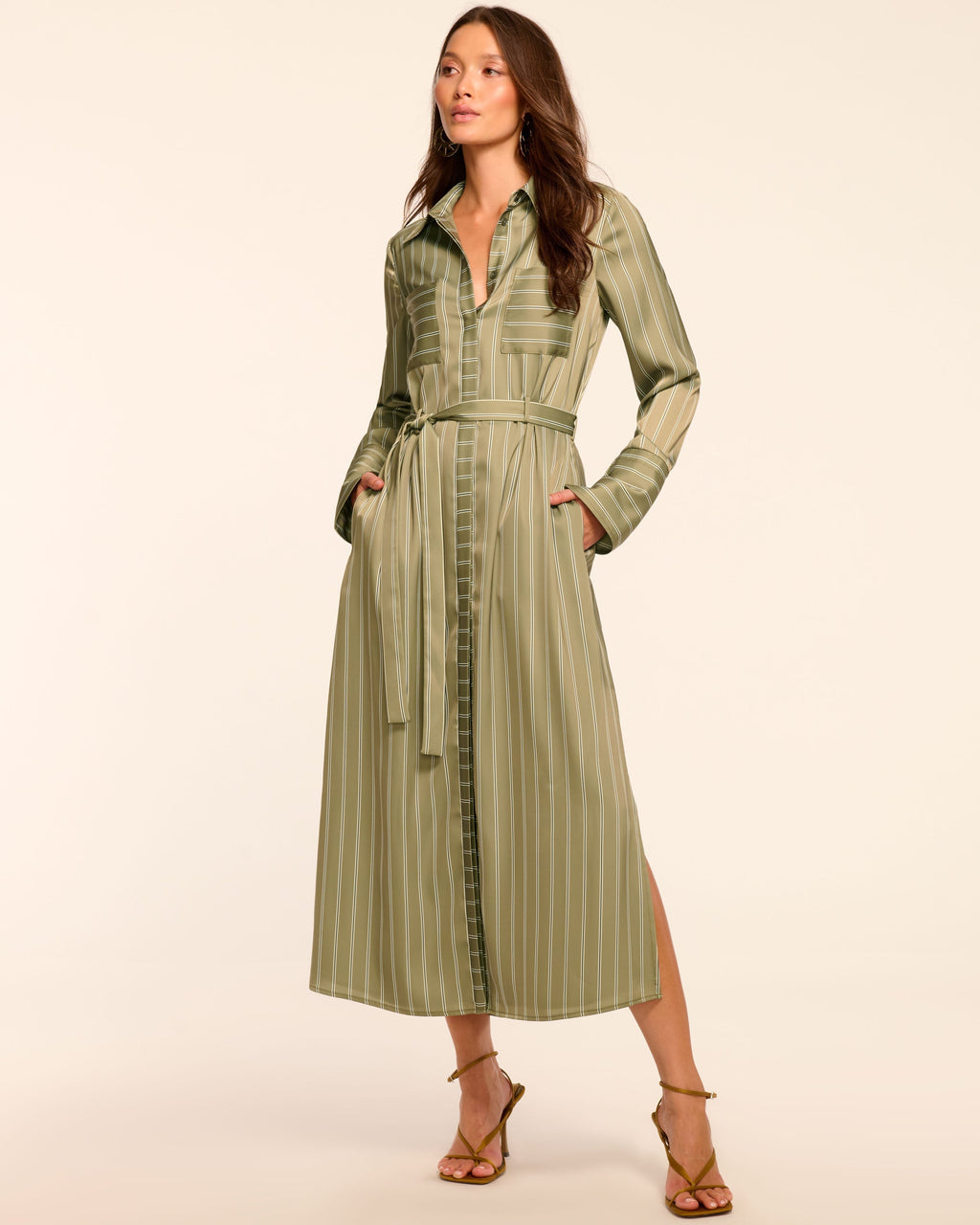 knee length dresses for ladies White Button Front Tie Waist Collared Midi Dress