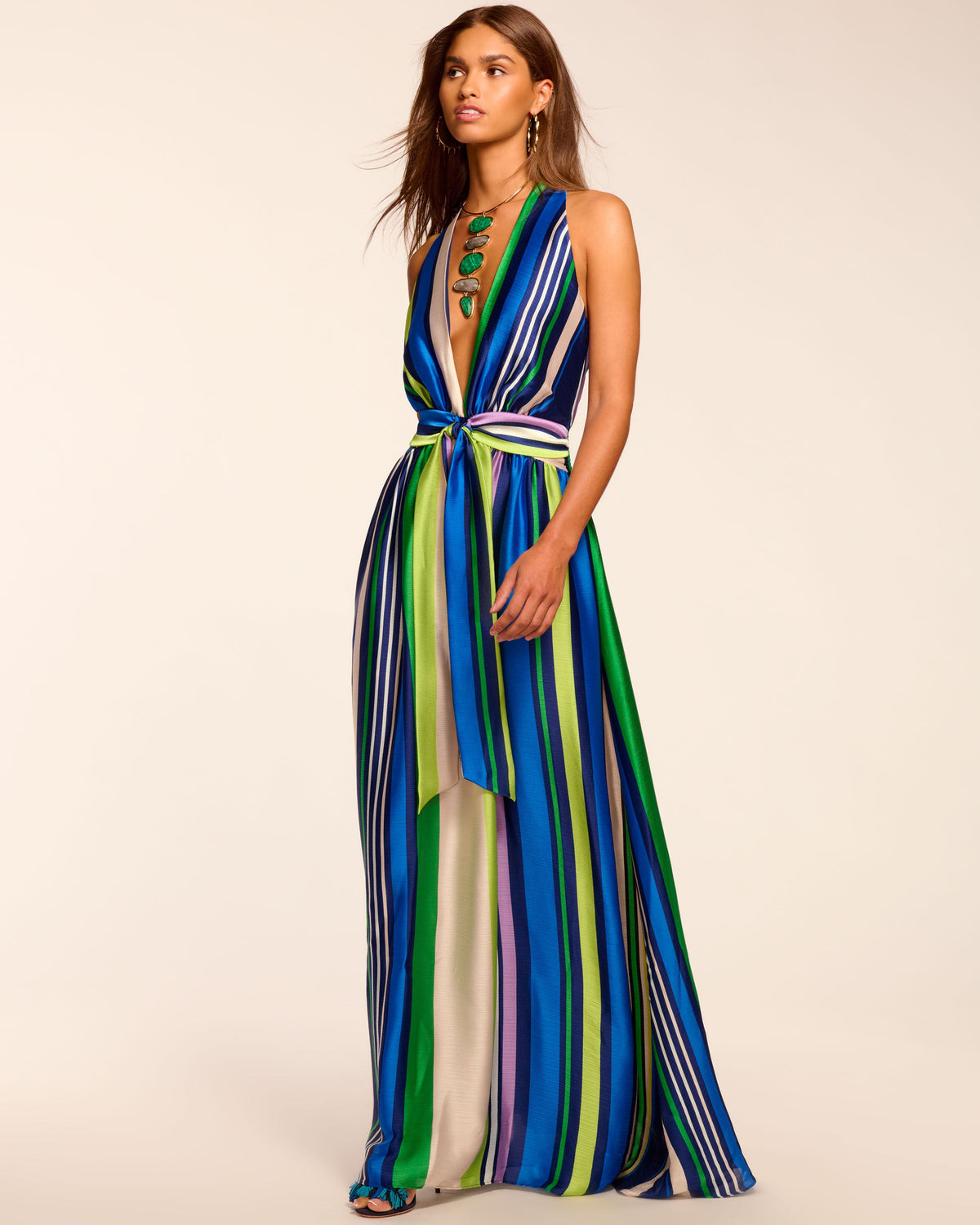 Kamil Plunging Sleeveless Maxi Dress in ultramarine stripe | Ramy