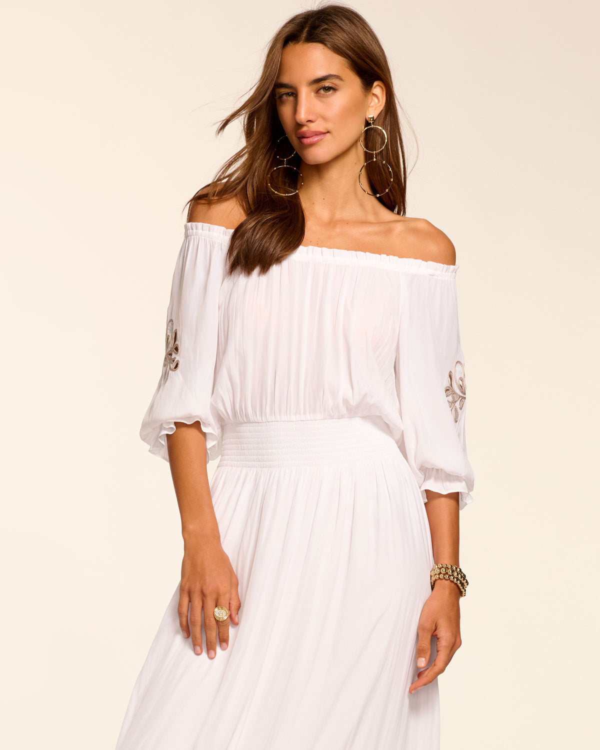 まむあむ　エルDaisy gather peplum UVcut Alex Smocked Off-The-Shoulder Maxi Dress in ivory | Ramy Brook