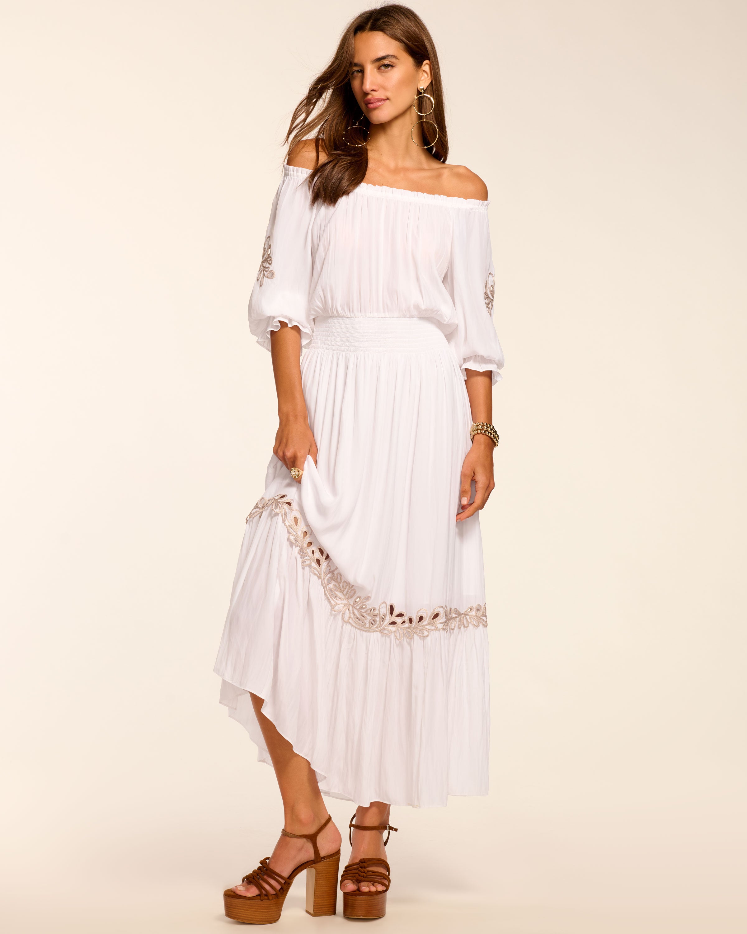 Ramy Brook Alex Smocked Off-The-Shoulder Maxi Dress in Ivory