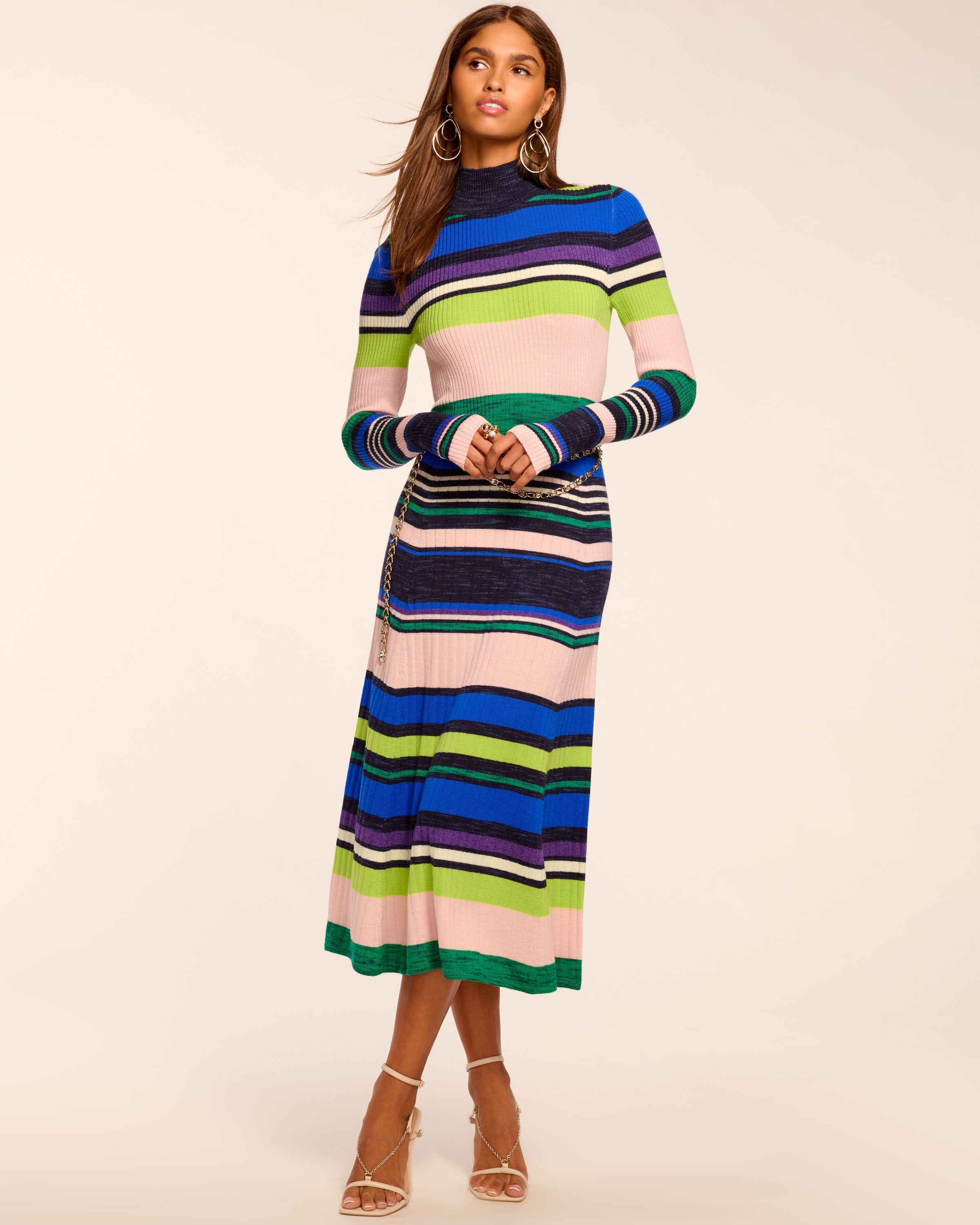 chinese dress ladies Black & White Stripe Long Sleeve Dress