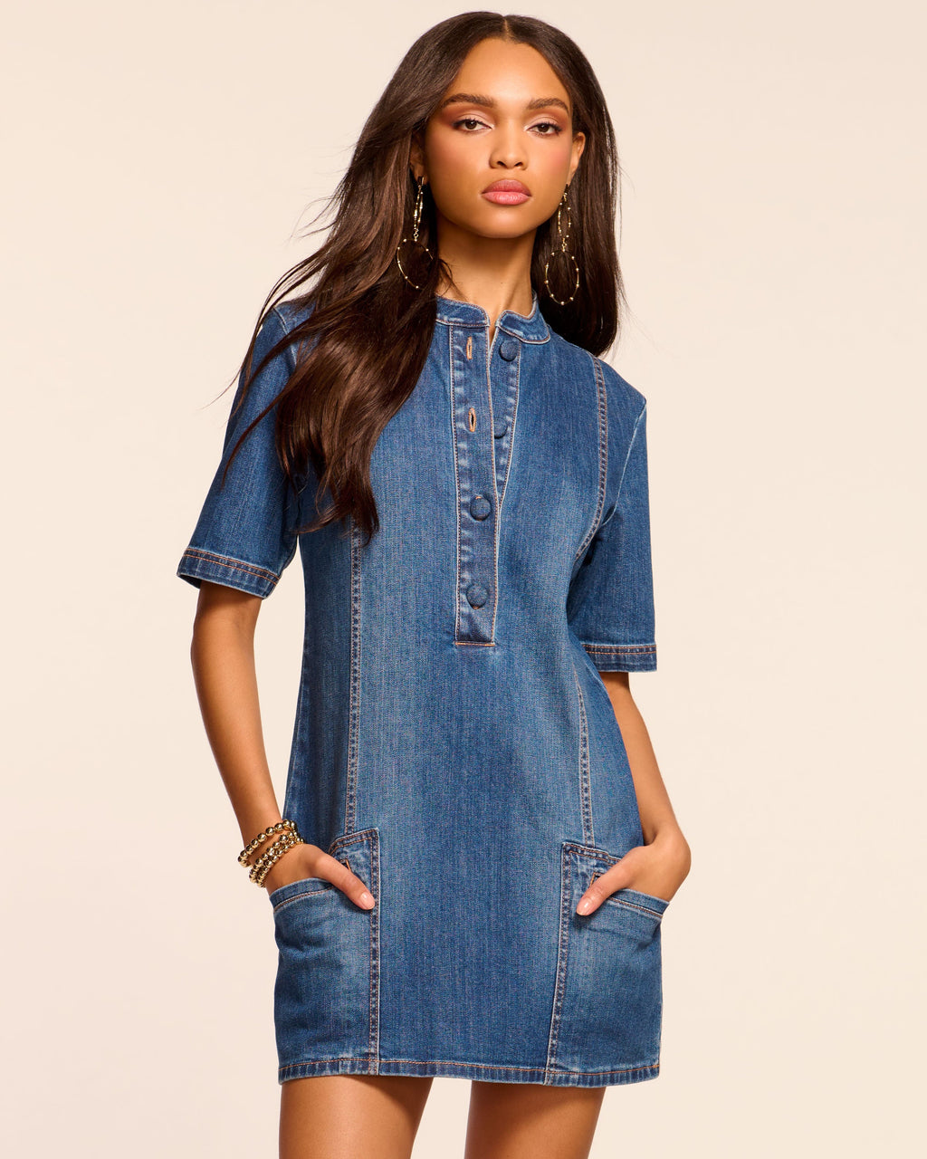 Skylar Short Sleeve Denim Mini Dress in medium wash | Ramy Brook Skylar Short Sleeve Denim Mini Dress in medium wash | Ramy Brook