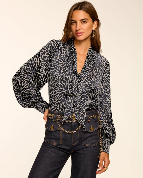 Aura Burnout V-Neck Long Sleeve Blouse in navy burnout | Ramy Brook