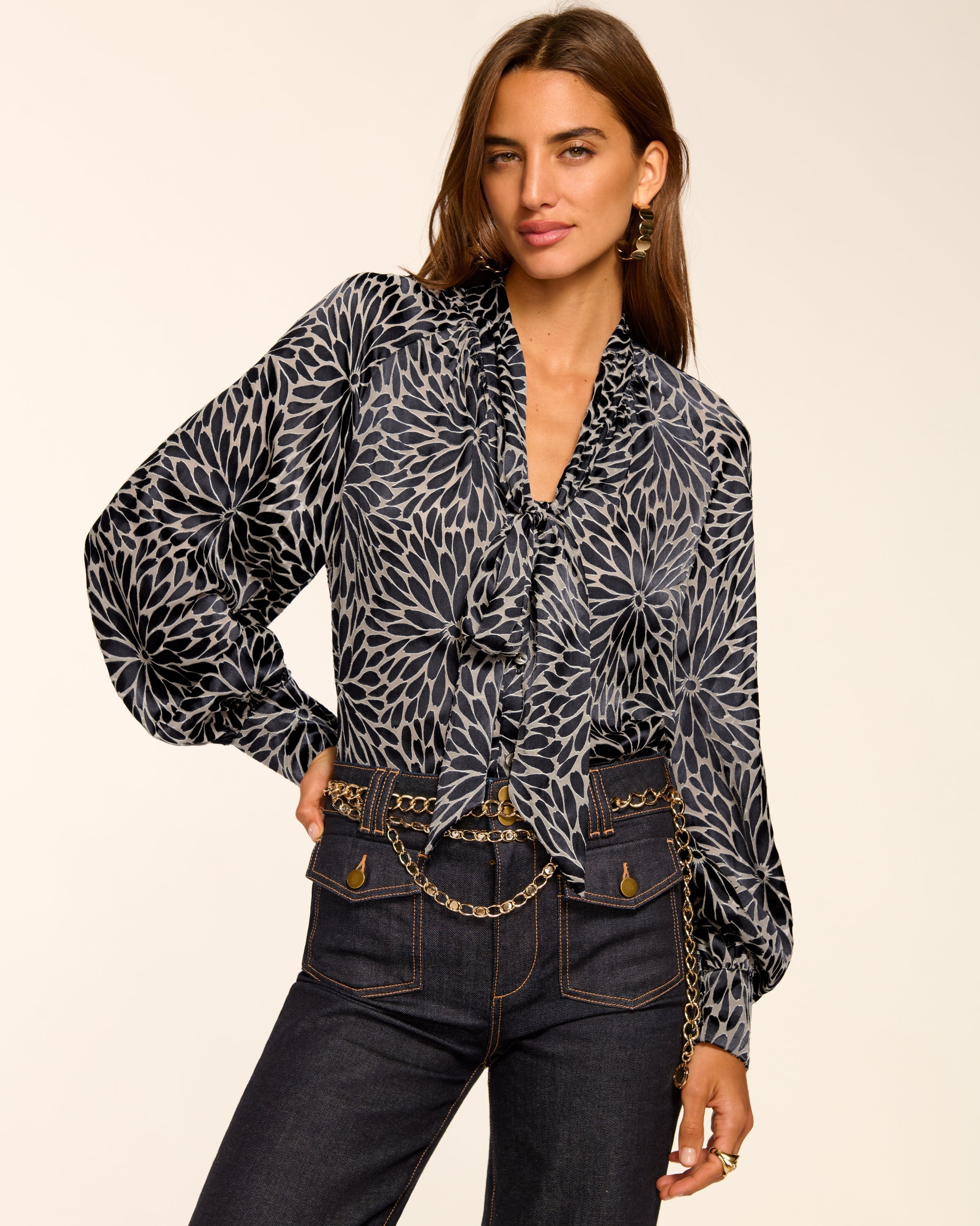 Aura Burnout V-Neck Long Sleeve Blouse in navy burnout | Ramy Brook