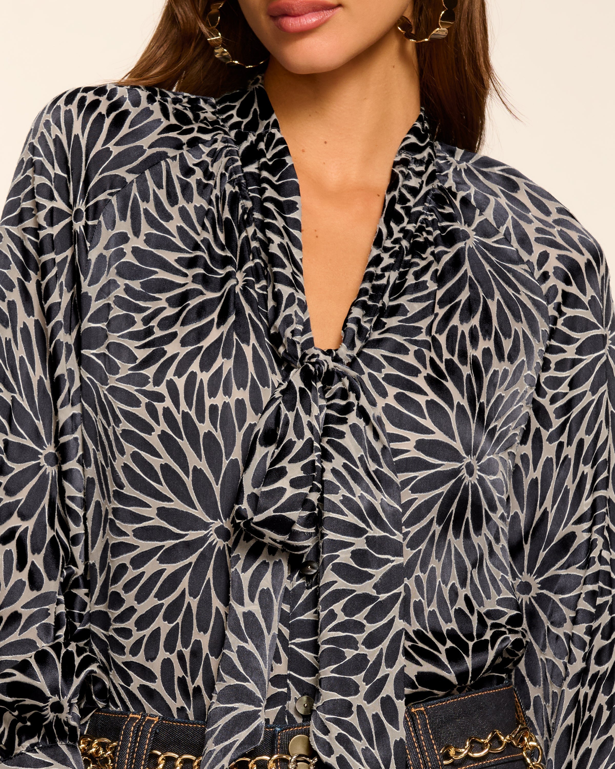 Aura Burnout V-Neck Long Sleeve Blouse in navy burnout | Ramy Brook
