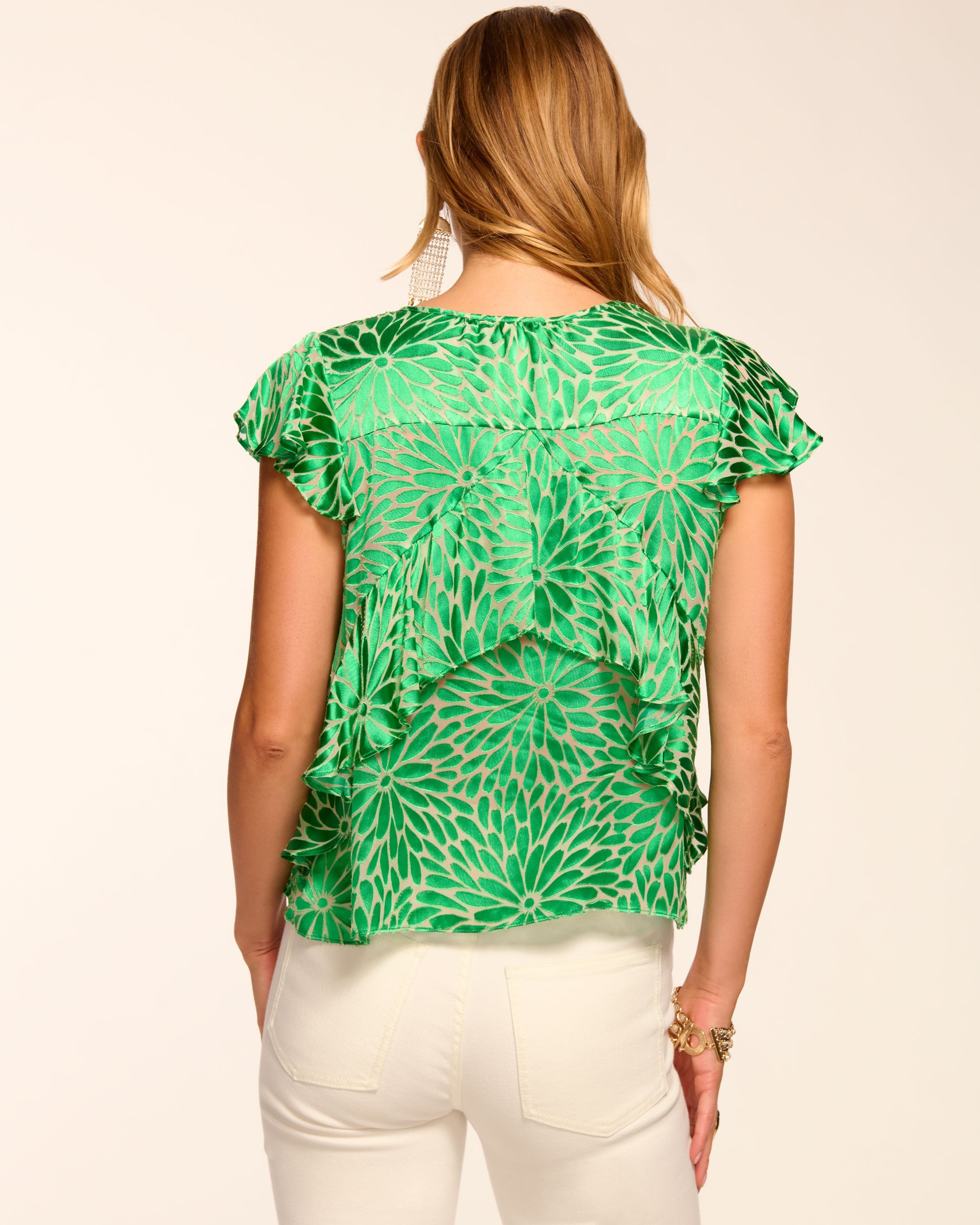 Julianne Burnout Flutter Sleeve V-Neck Blouse in palm burnout