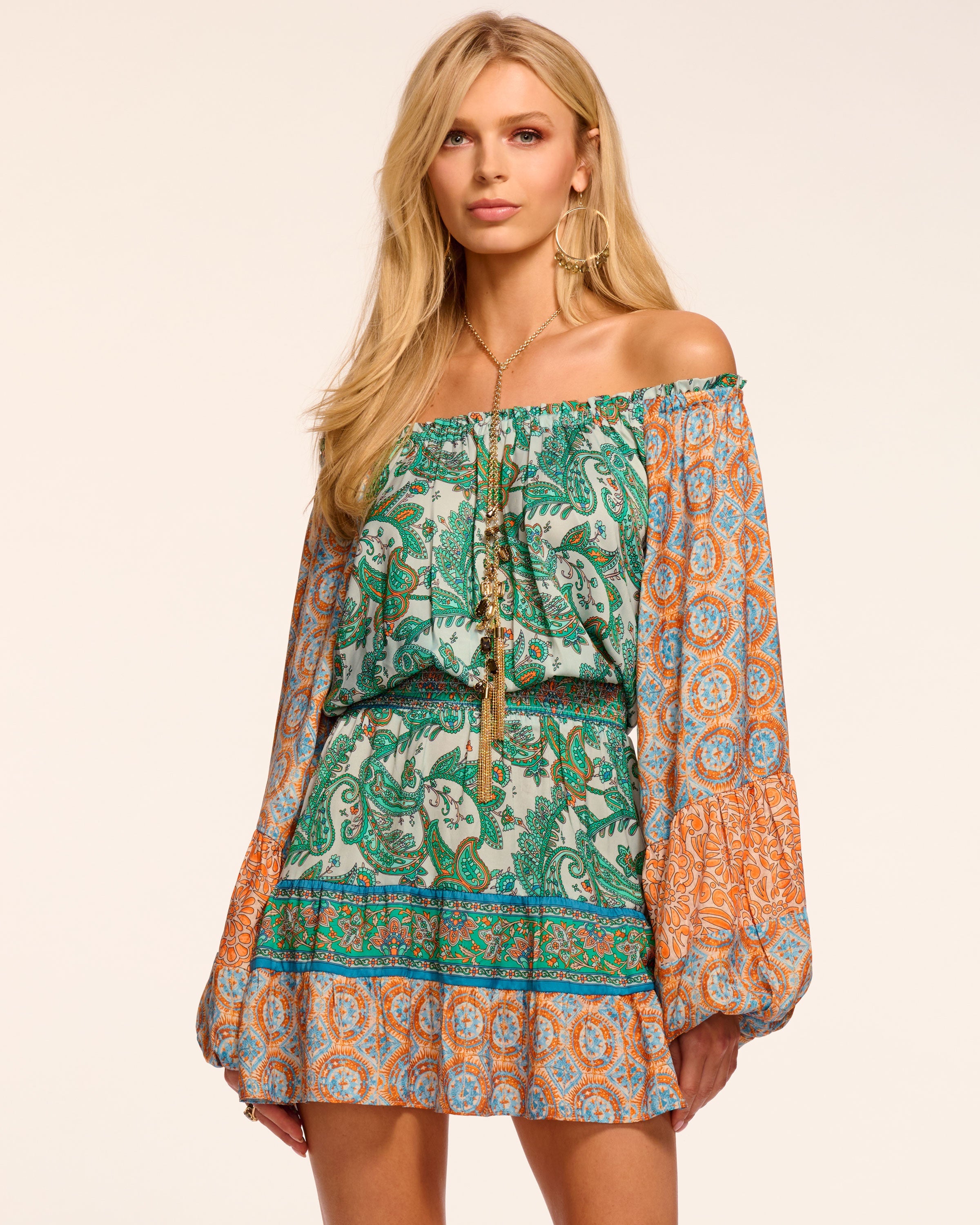 Claudine Smocked Off-The-Shoulder Mini Dress in palm patchwork