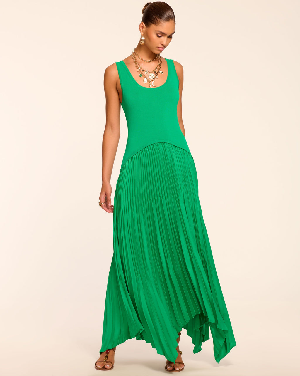 Ramy Brook Davinia Knit Combo Pleated Maxi Dress in Bright Palm