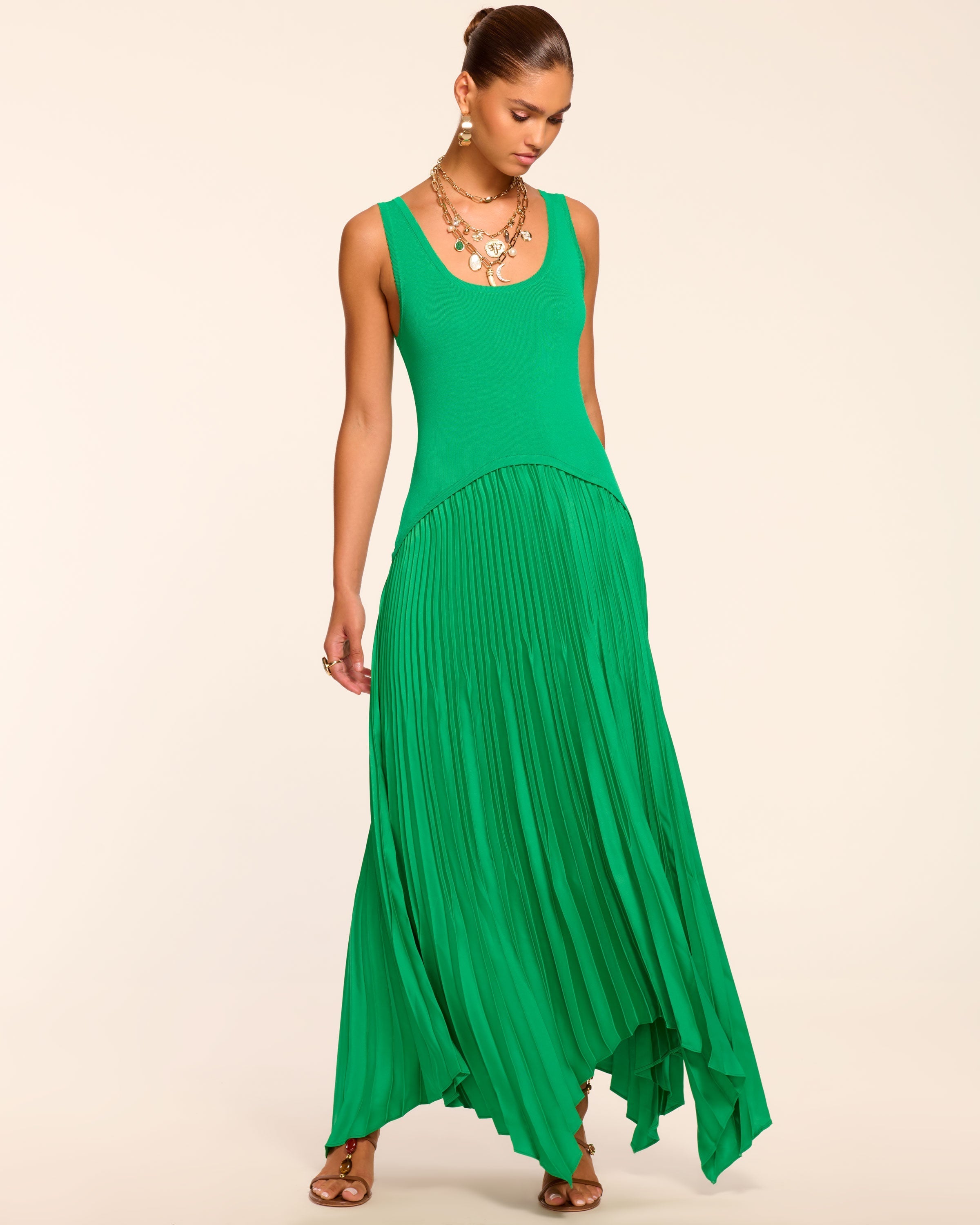 Davinia Knit Combo Pleated Maxi Dress in bright palm | Ramy Brook Davinia Knit Combo Pleated Maxi Dress in bright palm | Ramy Brook