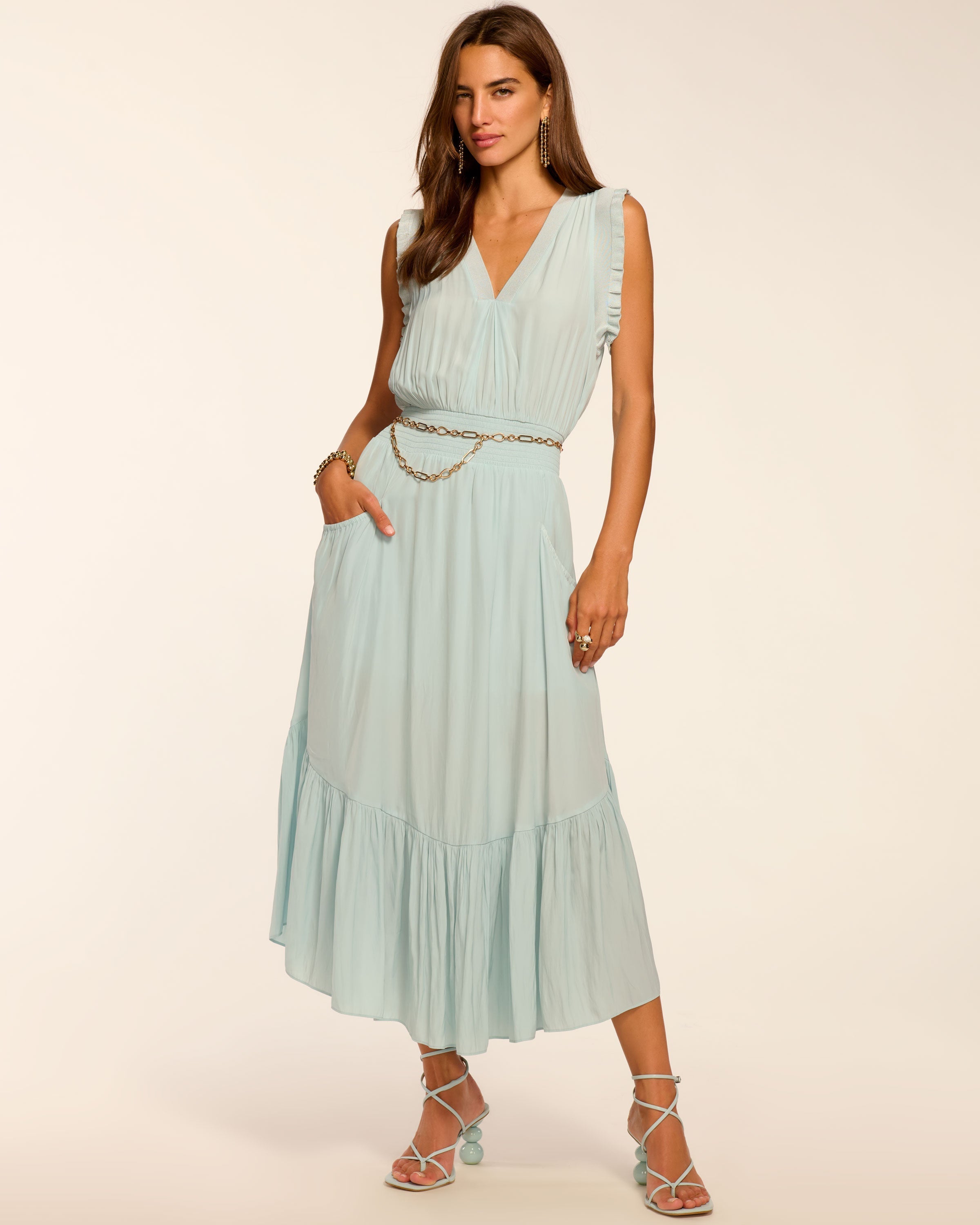 Coco Smocked Sleeveless Midi Dress in moonstone blue | Ramy Brook Coco Smocked Sleeveless Midi Dress in moonstone blue | Ramy Brook