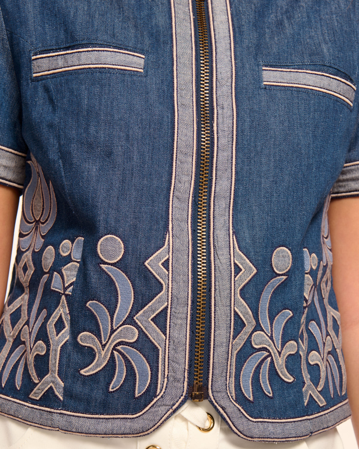 Nicko Denim Embroidered Short Sleeve Jacket in embroidered denim