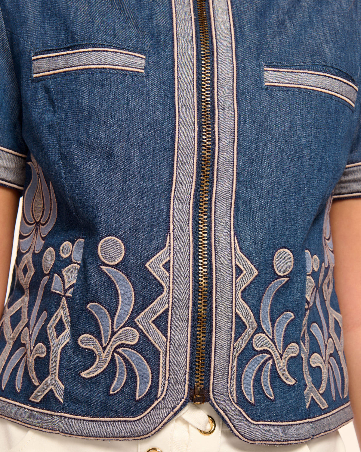 Nicko Denim Embroidered Short Sleeve Jacket in embroidered denim 