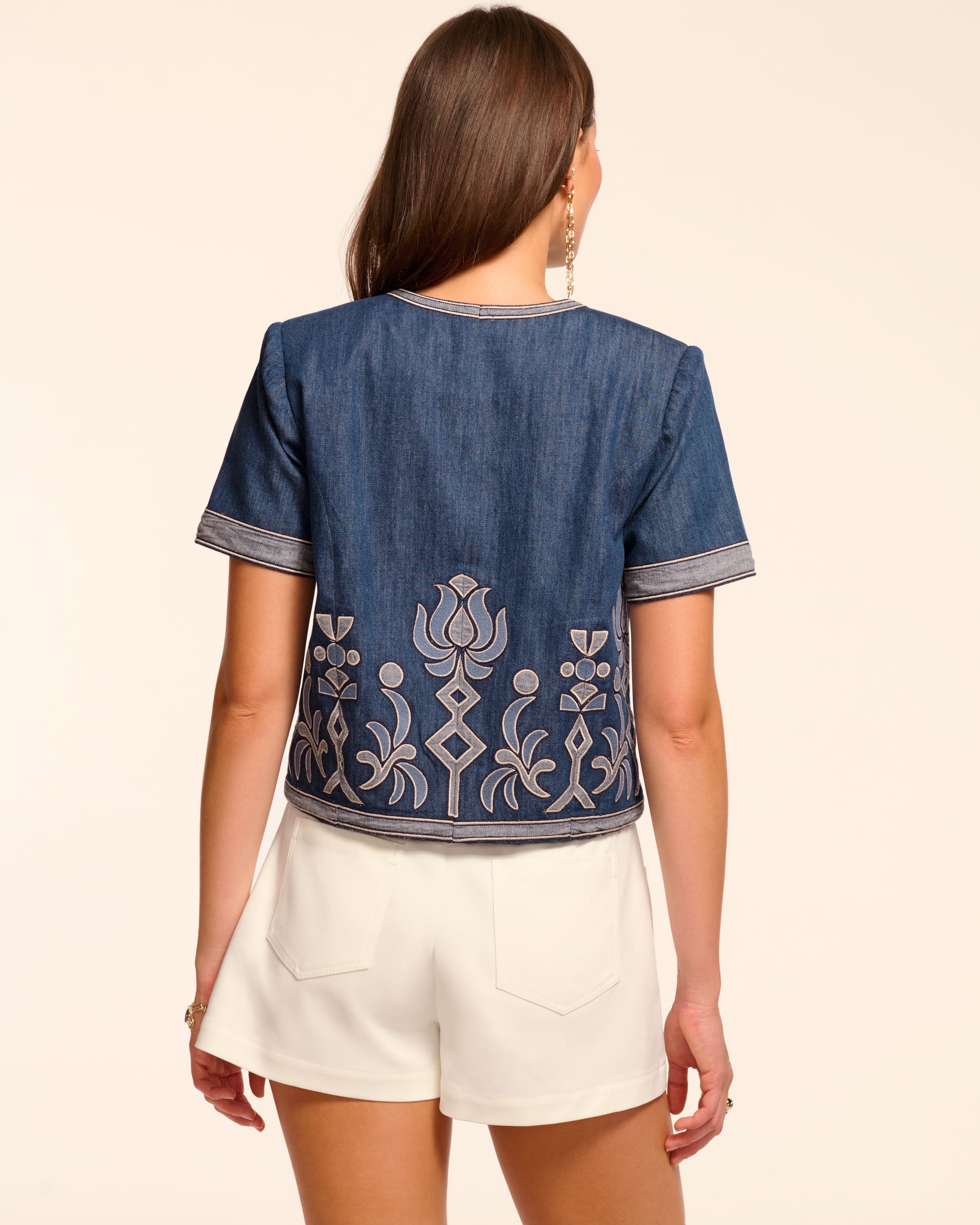 Nicko Denim Embroidered Short Sleeve Jacket in embroidered denim