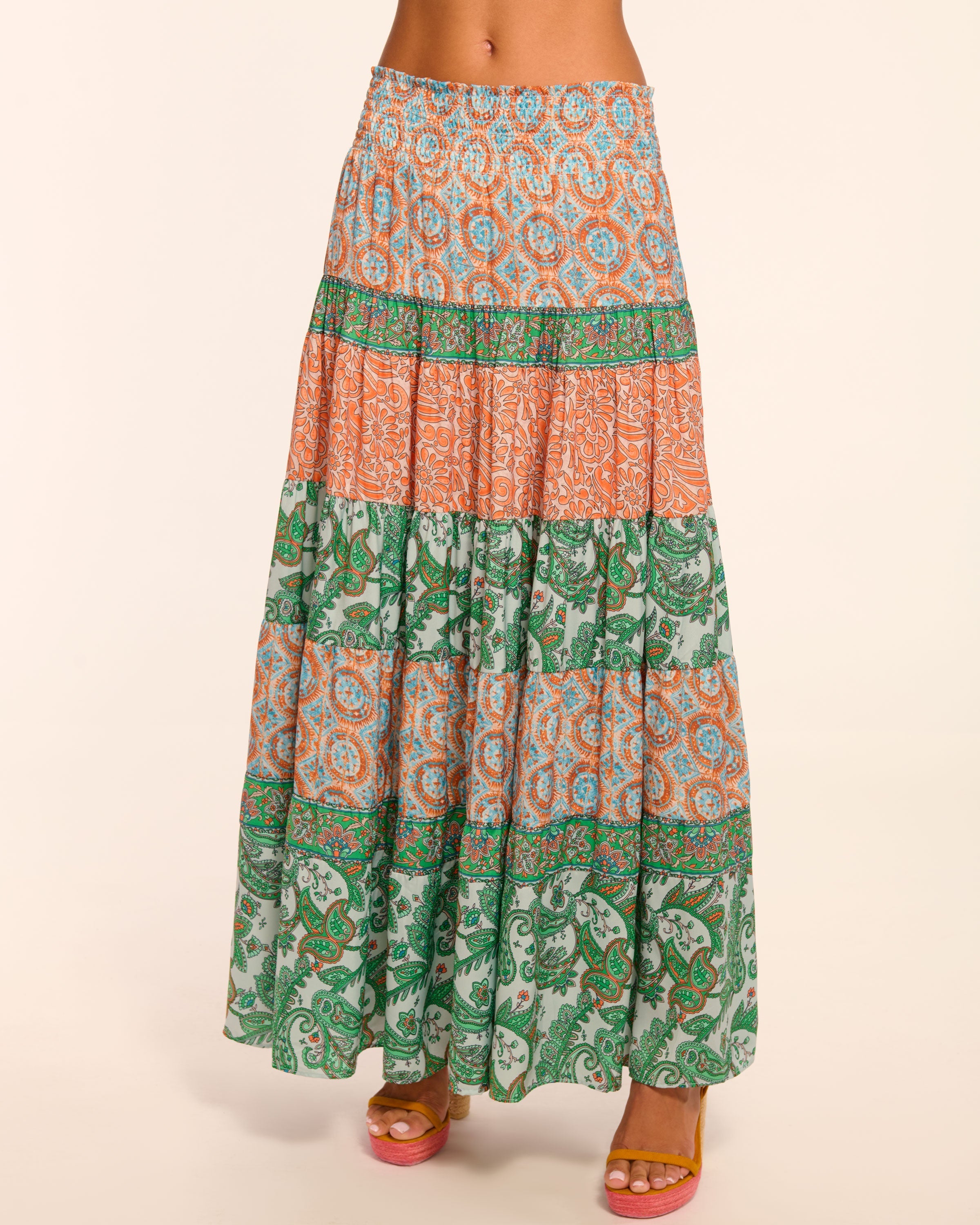 Dorotha Smocked Maxi Skirt in palm patchwork | Ramy Brook