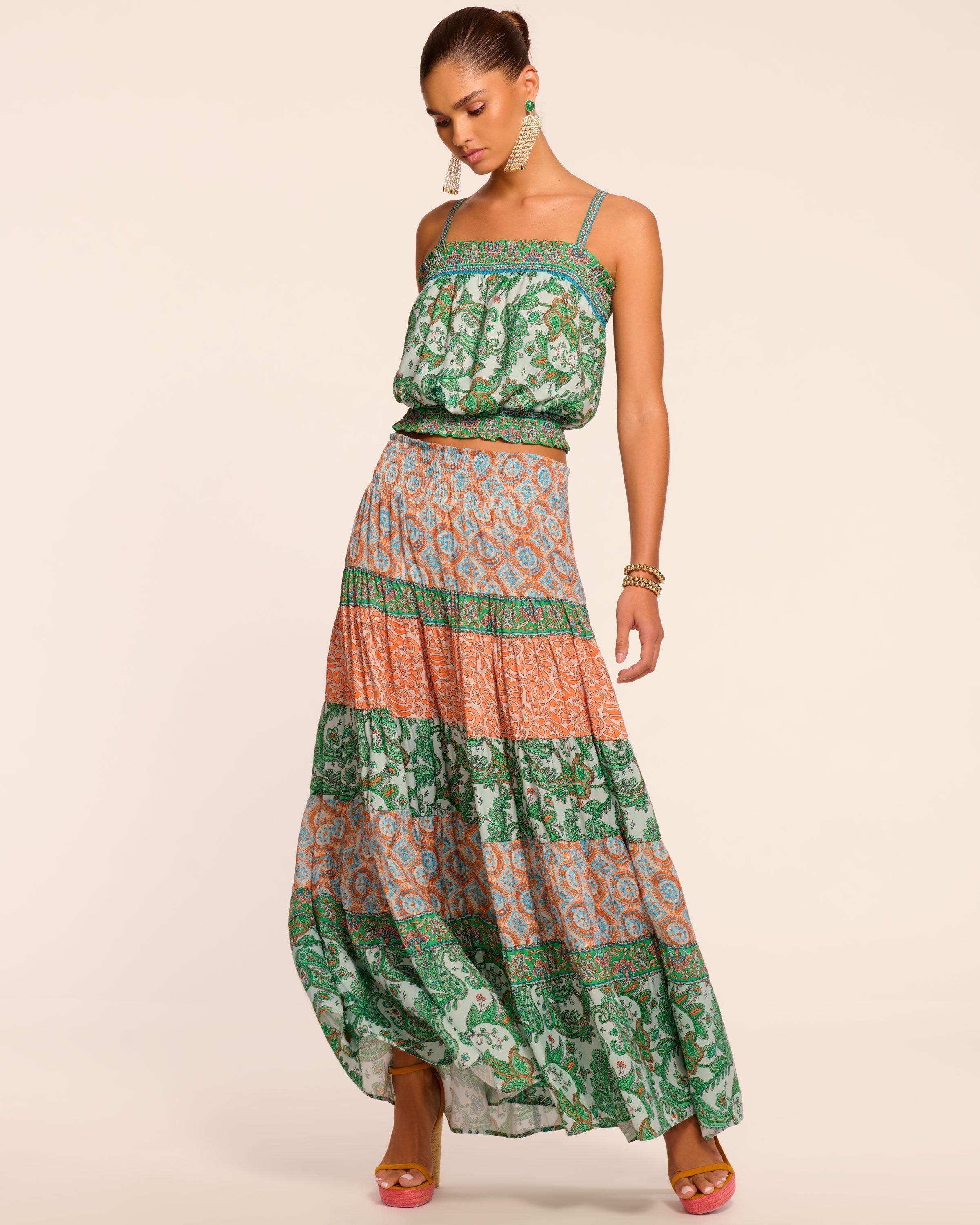 Dorotha Smocked Maxi Skirt in palm patchwork | Ramy Brook