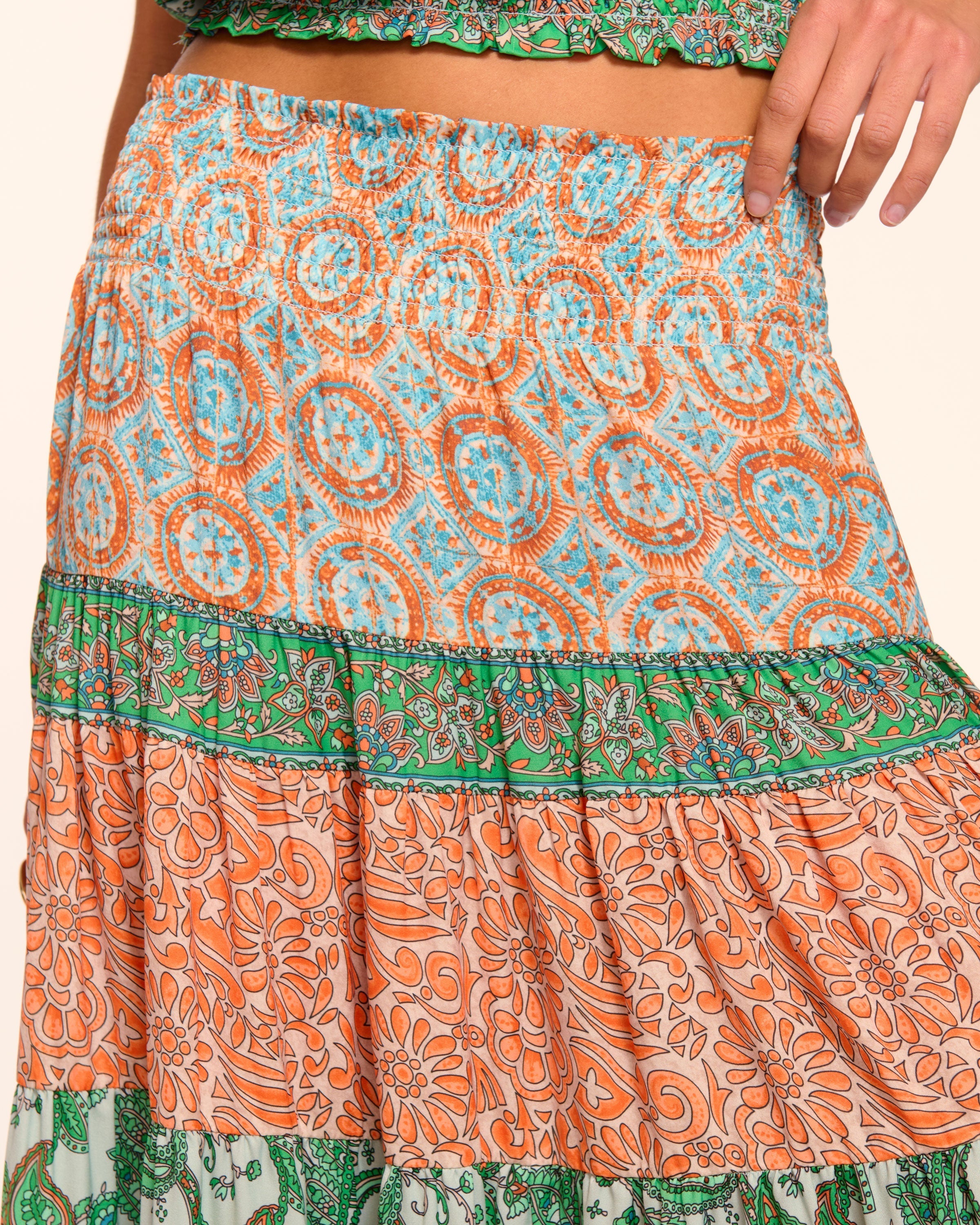 Dorotha Smocked Maxi Skirt in palm patchwork | Ramy Brook