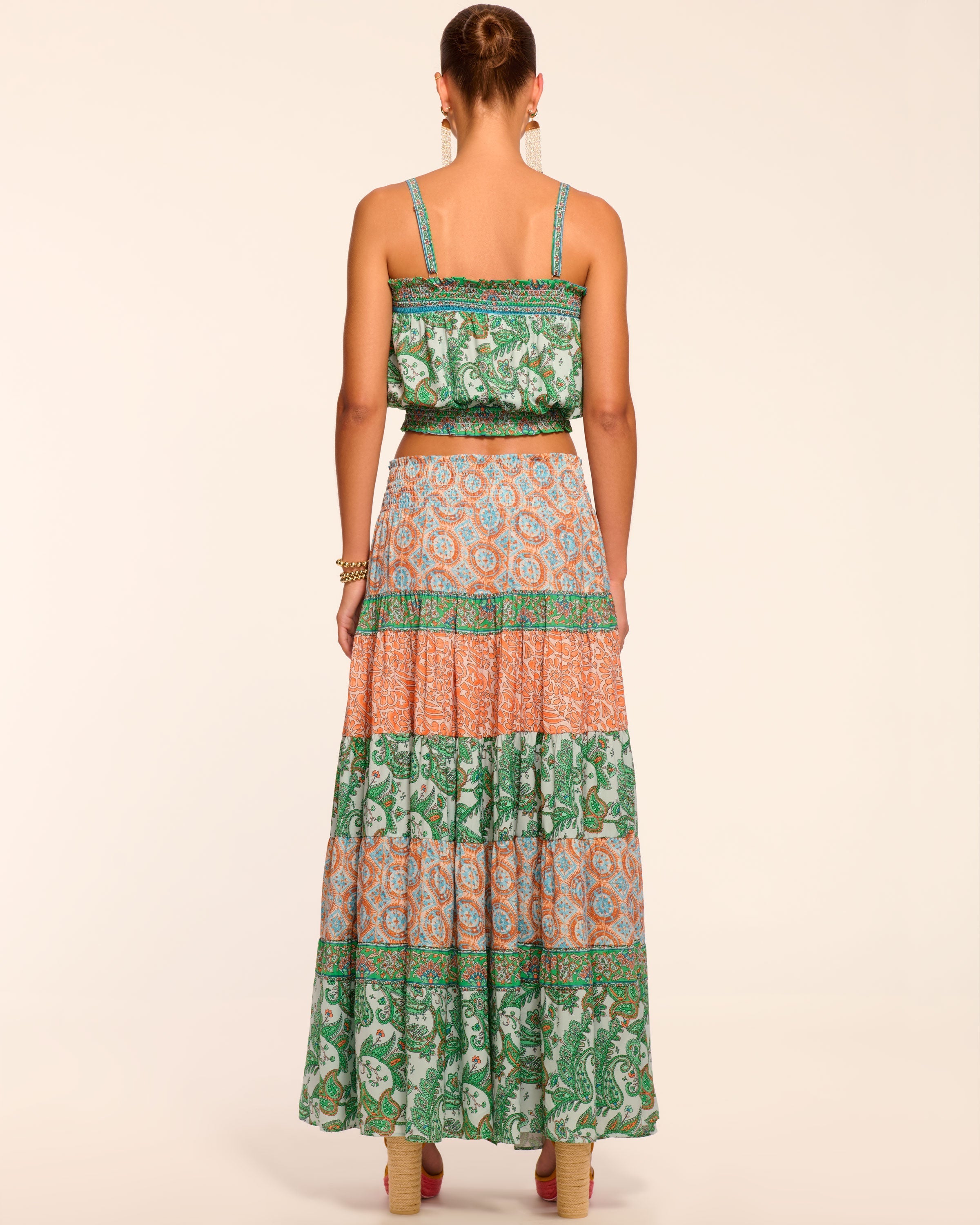 Dorotha Smocked Maxi Skirt in palm patchwork | Ramy Brook