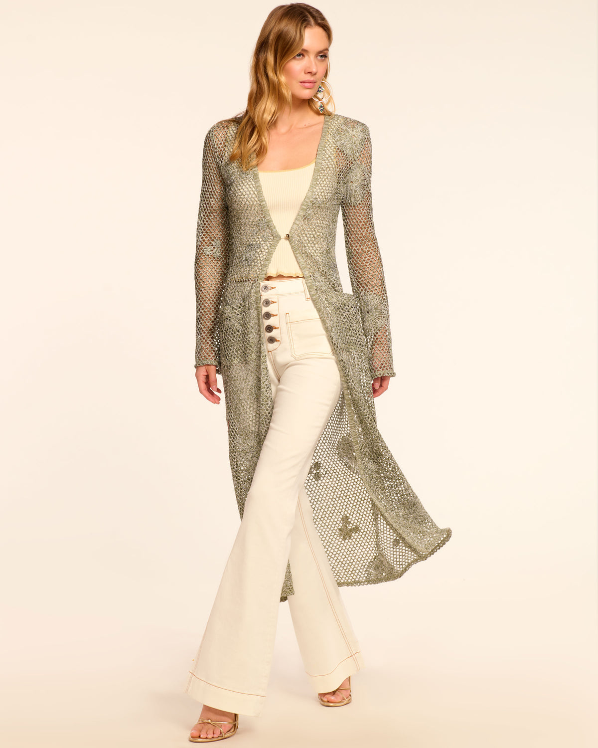Liana Metallic Knit Crochet Duster in olive crochet | Ramy Brook