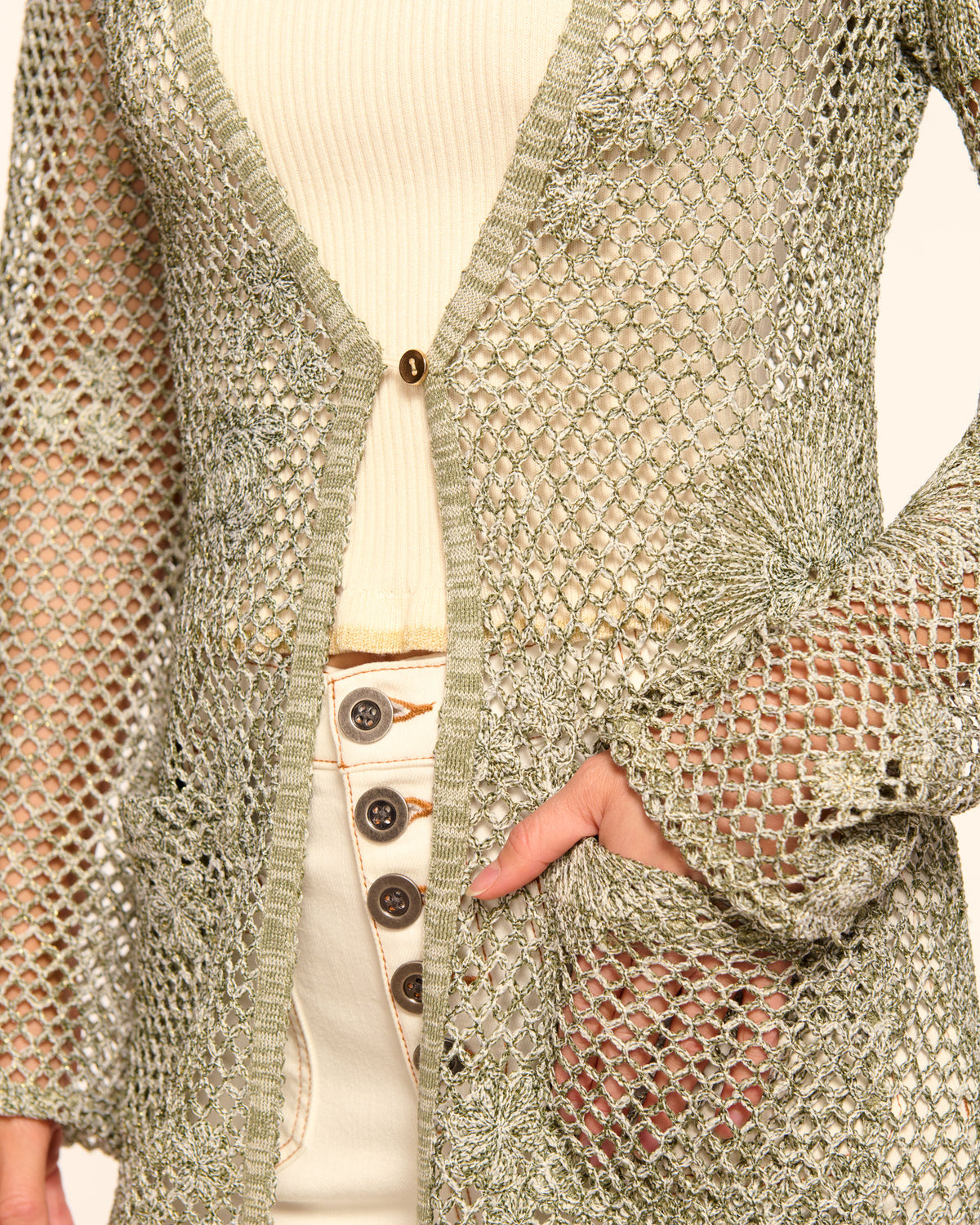 Liana Metallic Knit Crochet Duster in olive crochet | Ramy Brook