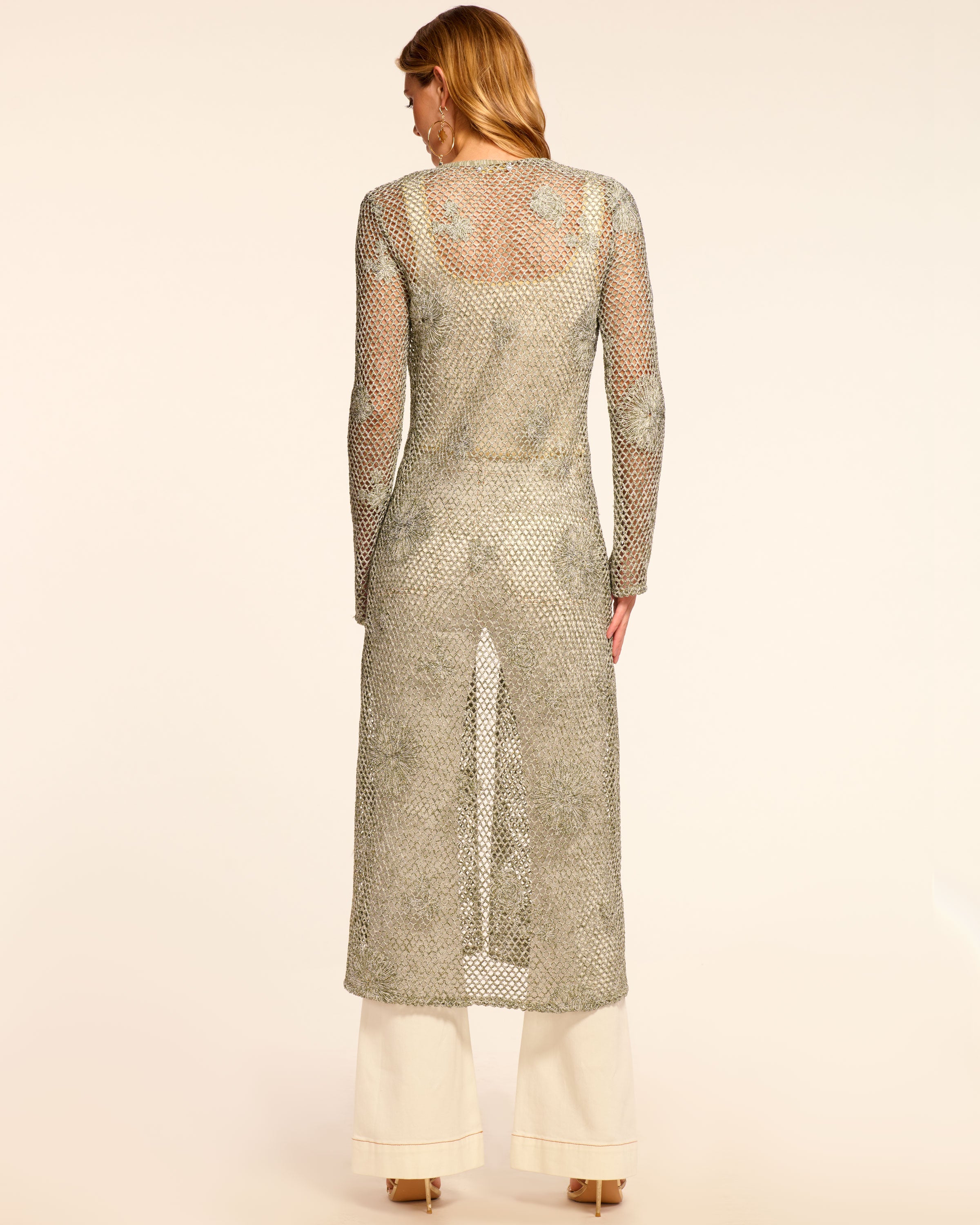 Liana Metallic Knit Crochet Duster in olive crochet | Ramy Brook