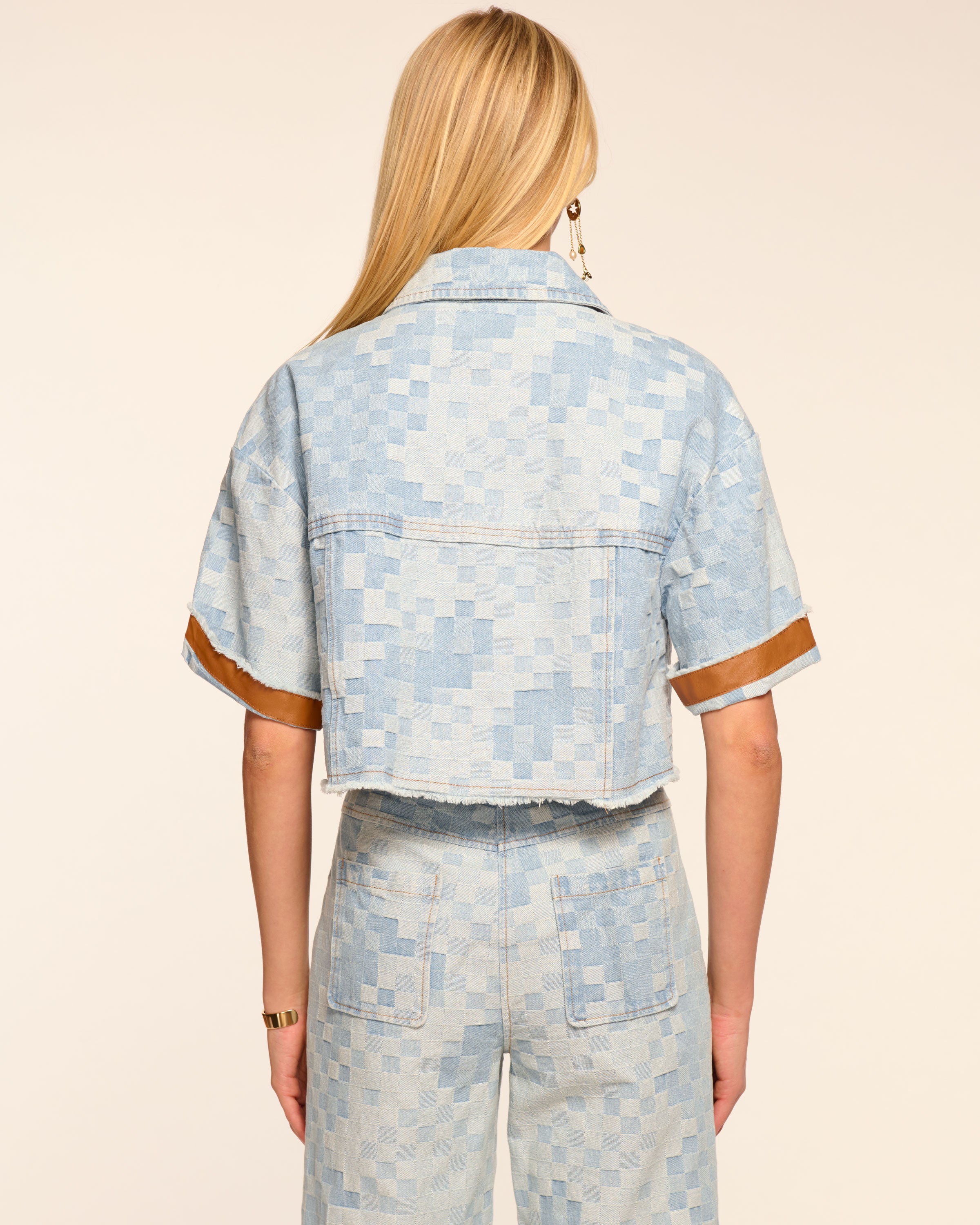 Melanie Short Sleeve Checkered Jean Jacket in checkered denim
