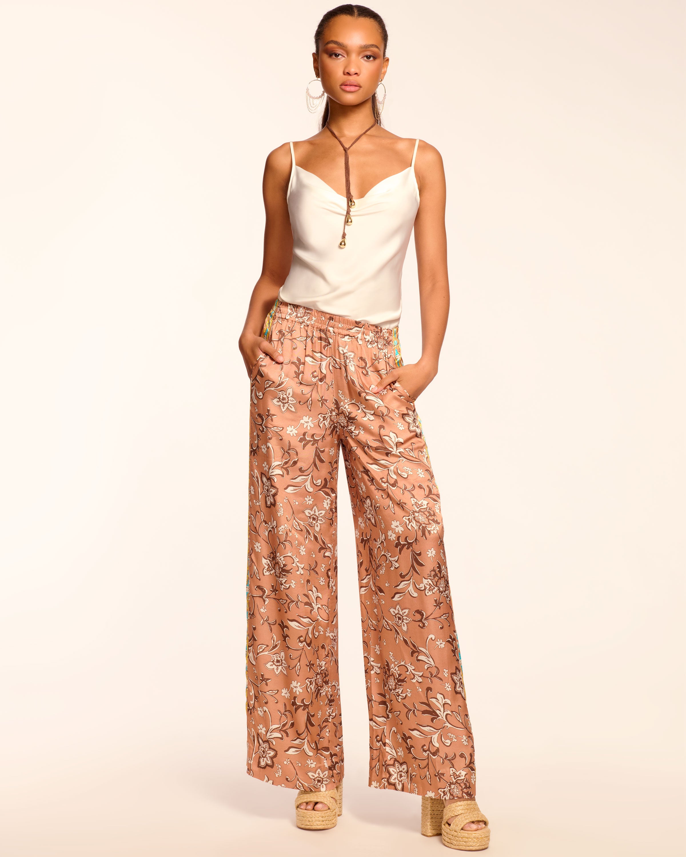 Patricia Smocked Wide Leg Pant in brown jungle | Ramy Brook