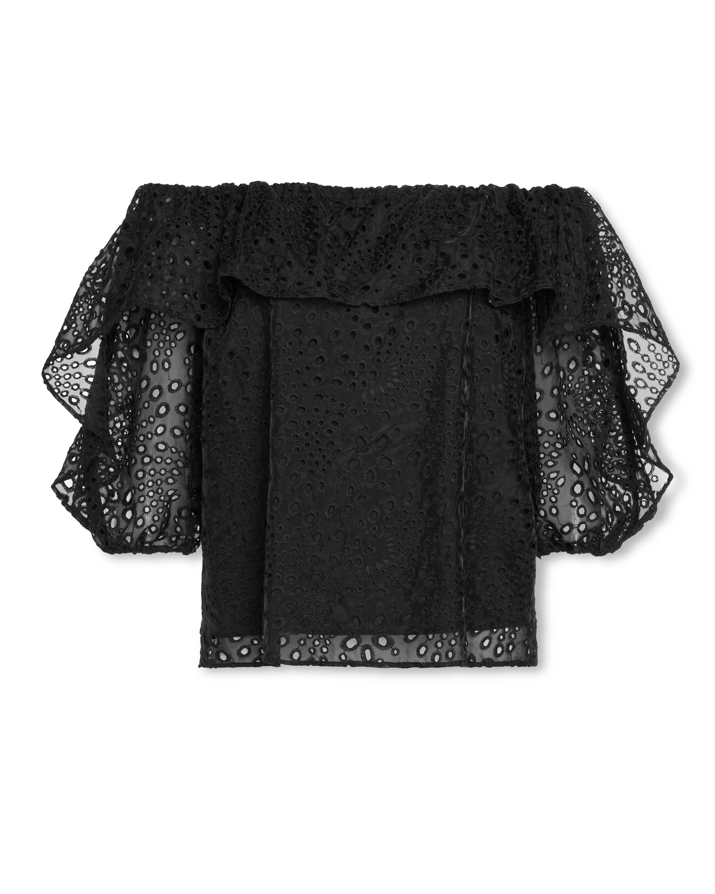 Salma Eyelet Ruffle Off-The-Shoulder Blouse in black eyelet | Ramy