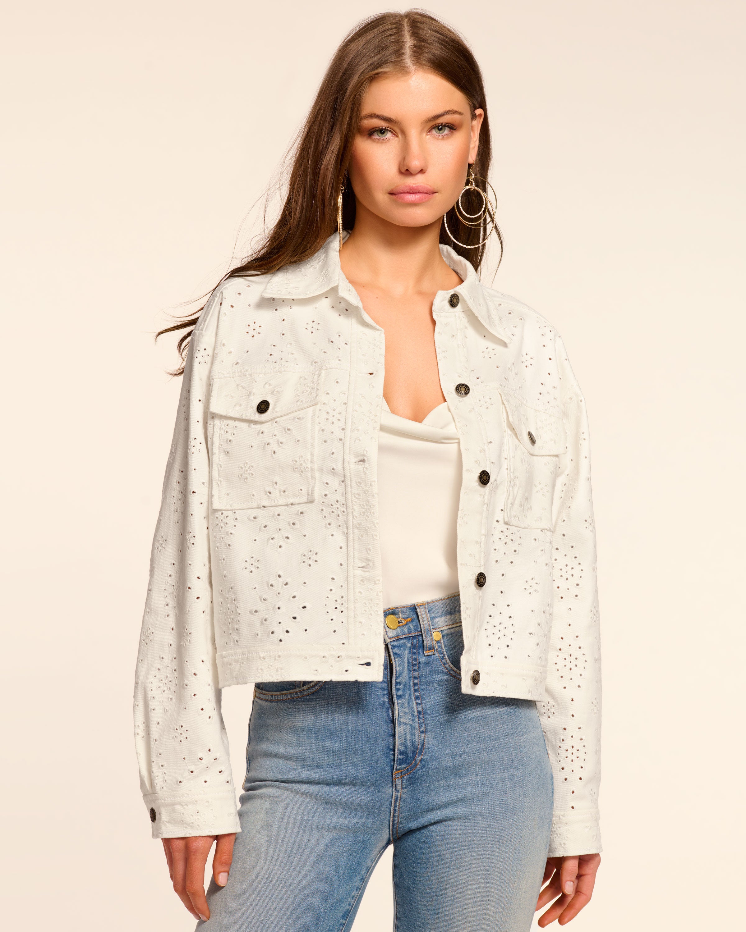 Martha Eyelet Denim Jacket in white eyelet | Ramy Brook