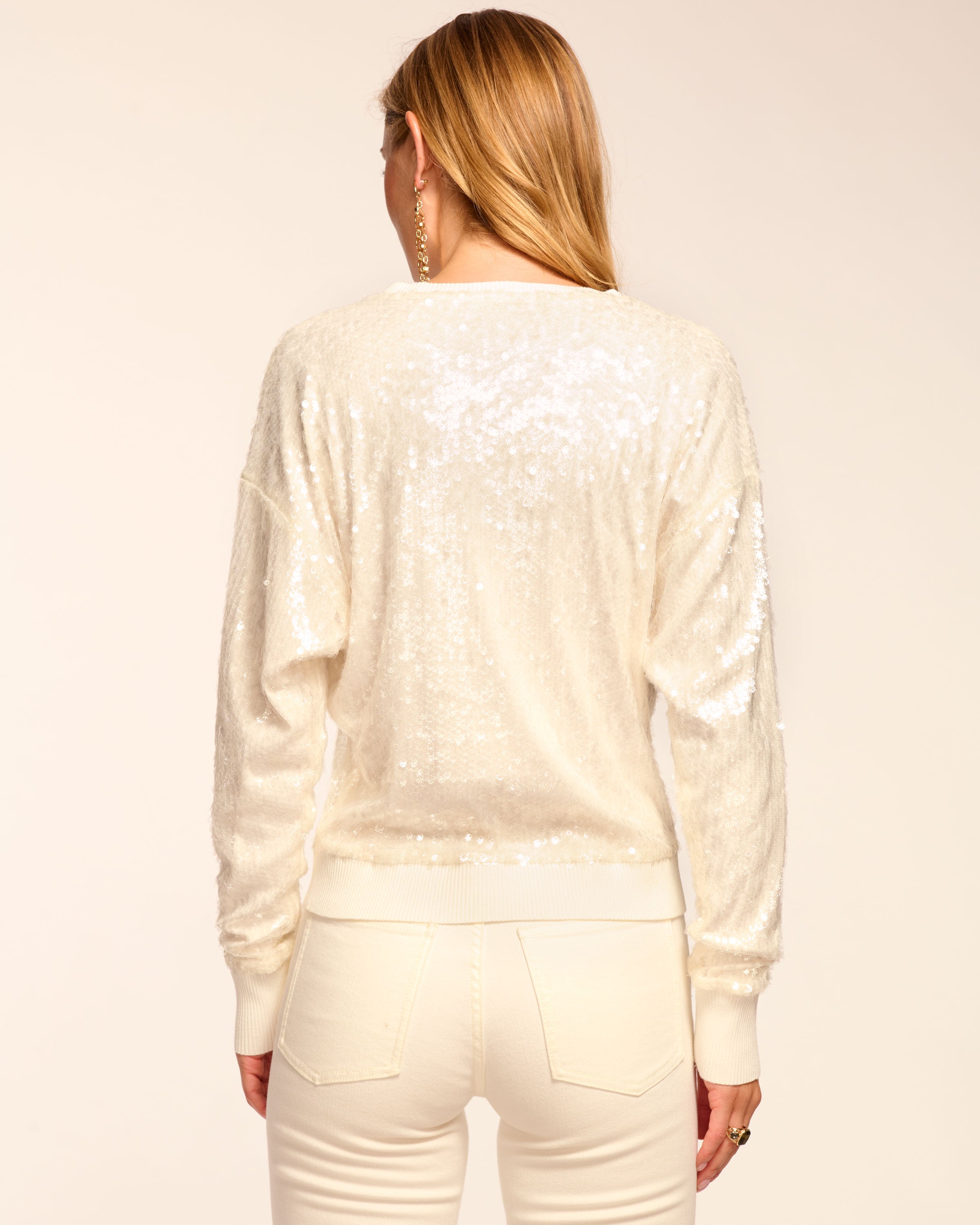 Delphina Sequin V-Neck Long Sleeve Top in white sequin | Ramy Brook