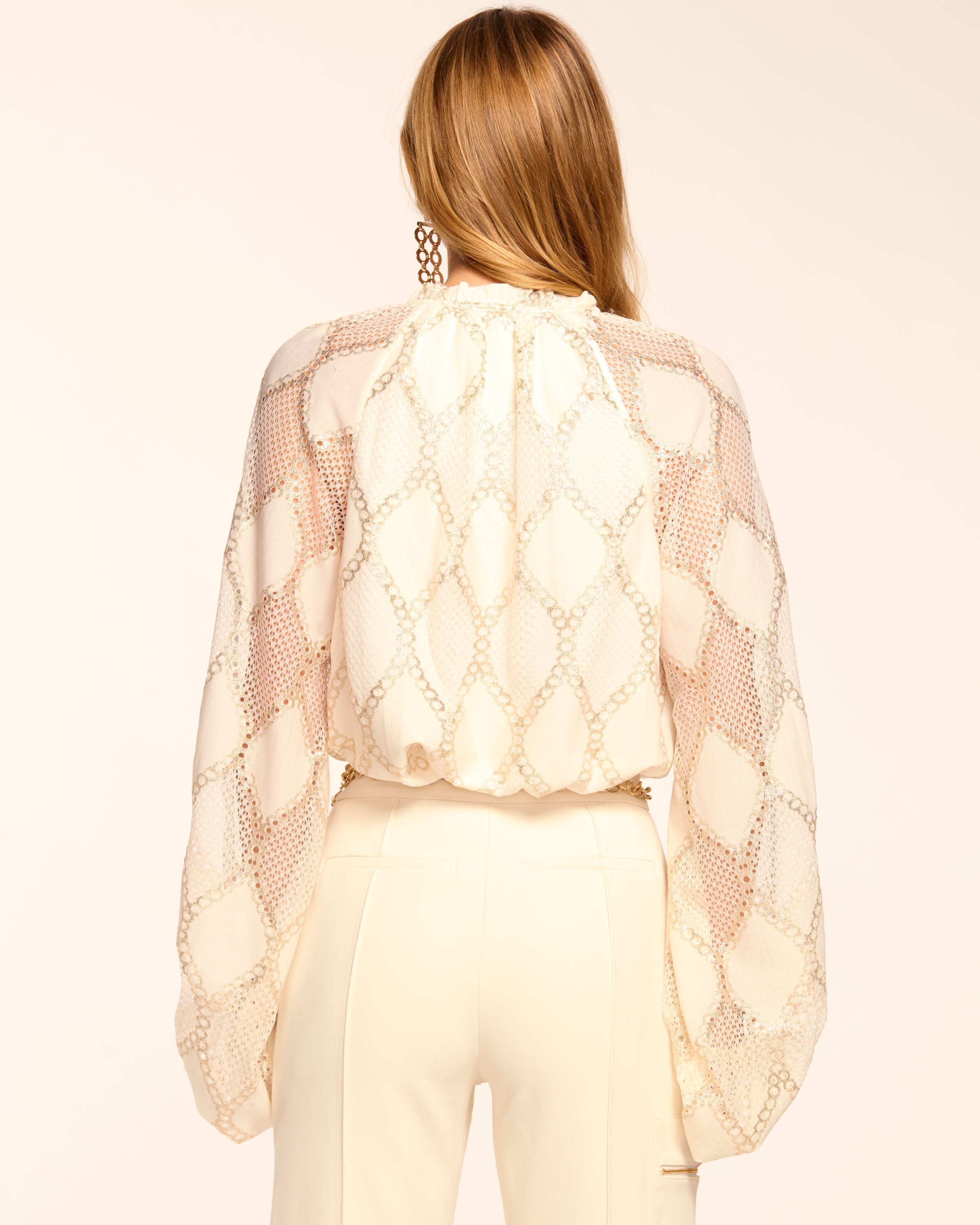 Ria Lurex Lace Long Sleeve Blouse in white diamond | Ramy Brook