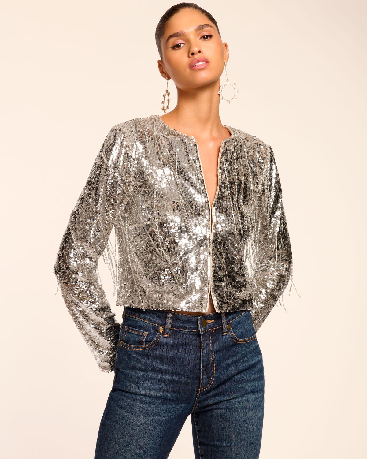 Sapphire Sequin Fringe Jacket in platinum fringe | Ramy Brook