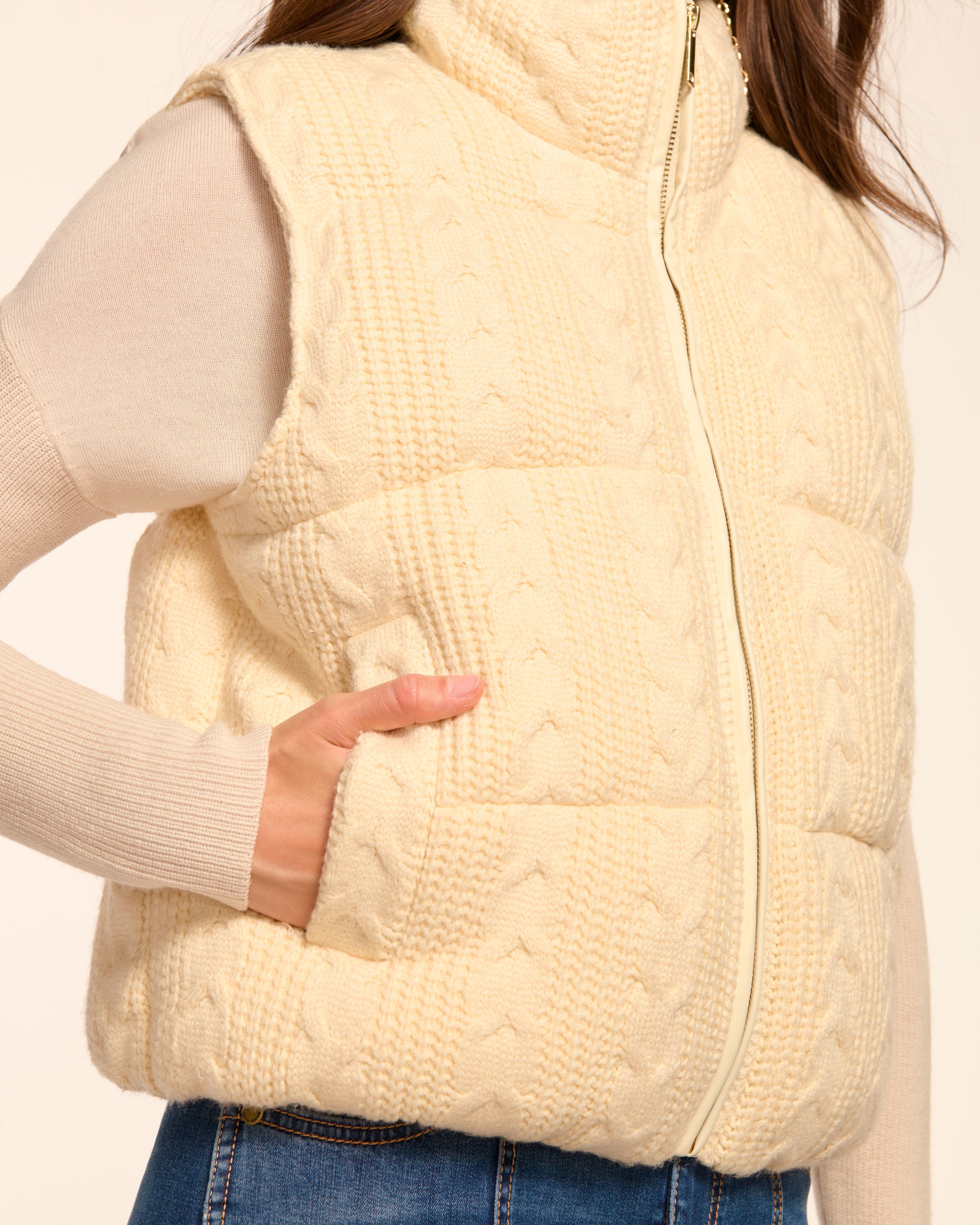 Vera Cable Knit Puffer Vest in winter white | Ramy Brook