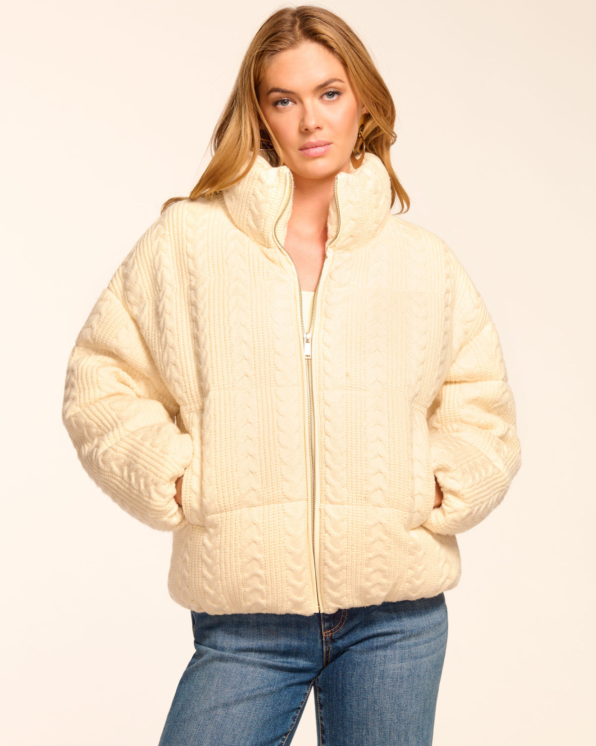 Eliana Cable Knit Puffer Coat in winter white | Ramy Brook