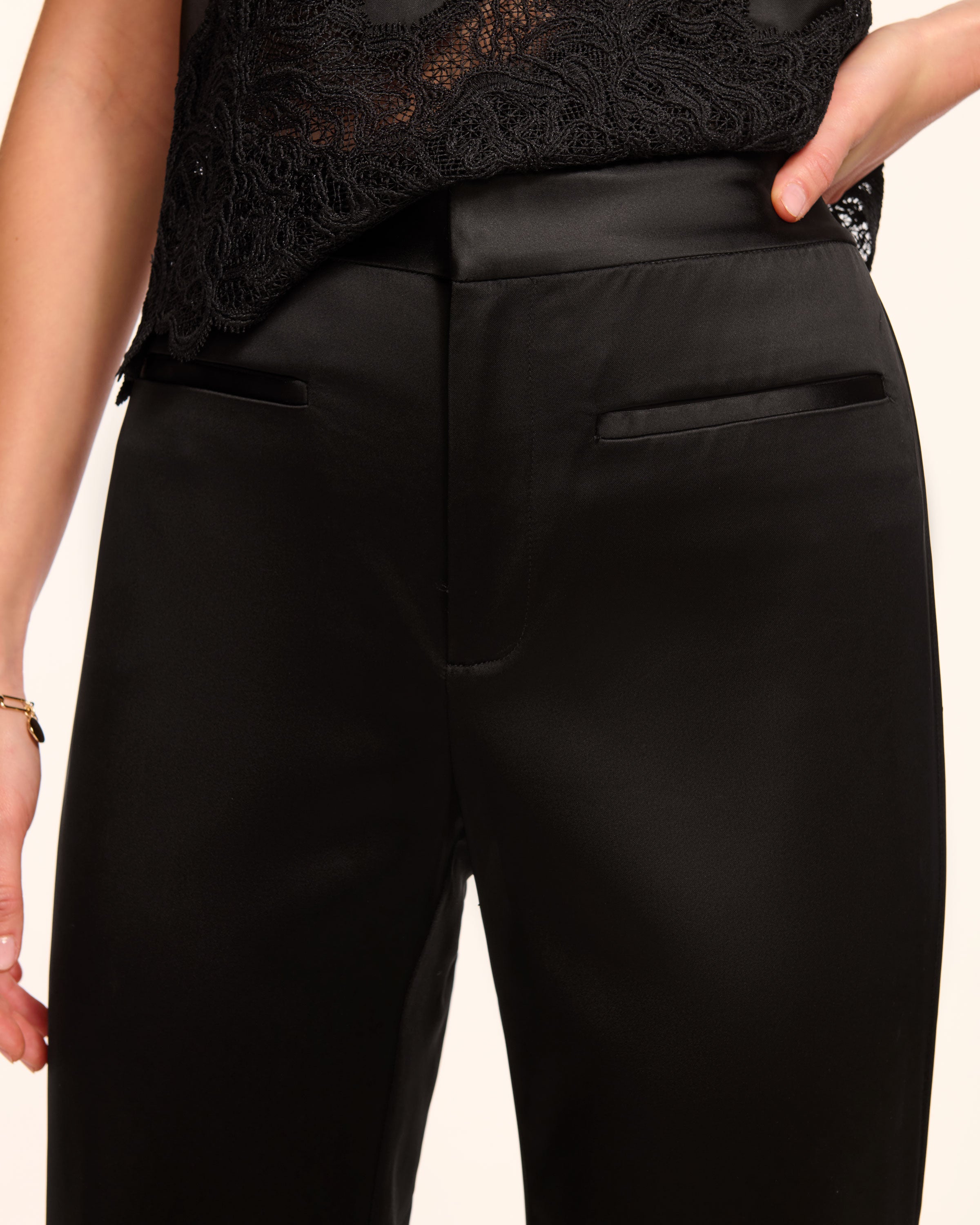 Vespera Satin Low Rise Pant in black | Ramy Brook display picture 1