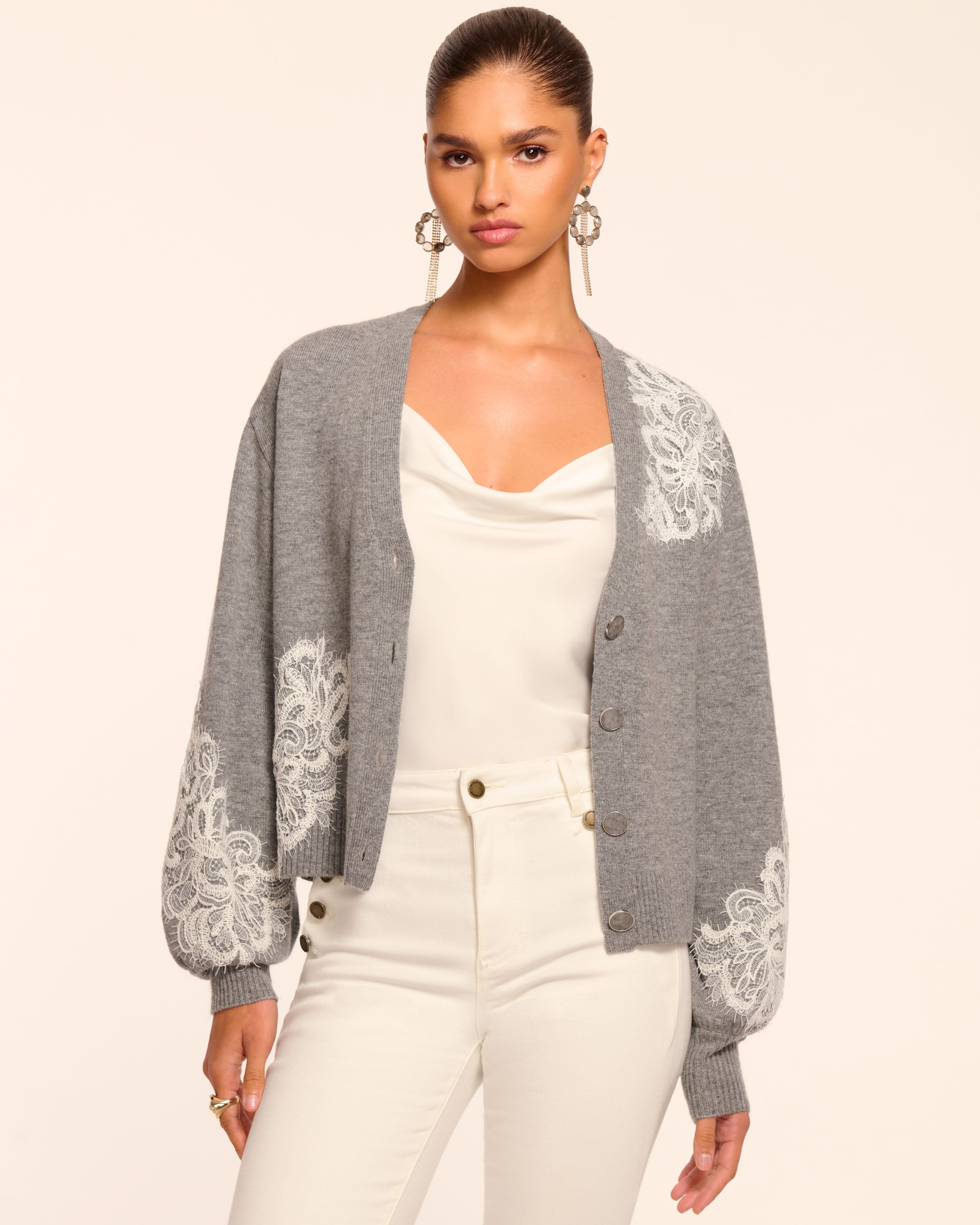 Perry Wool Embellished Cardigan Sweater in heather grey | Ramy Brook